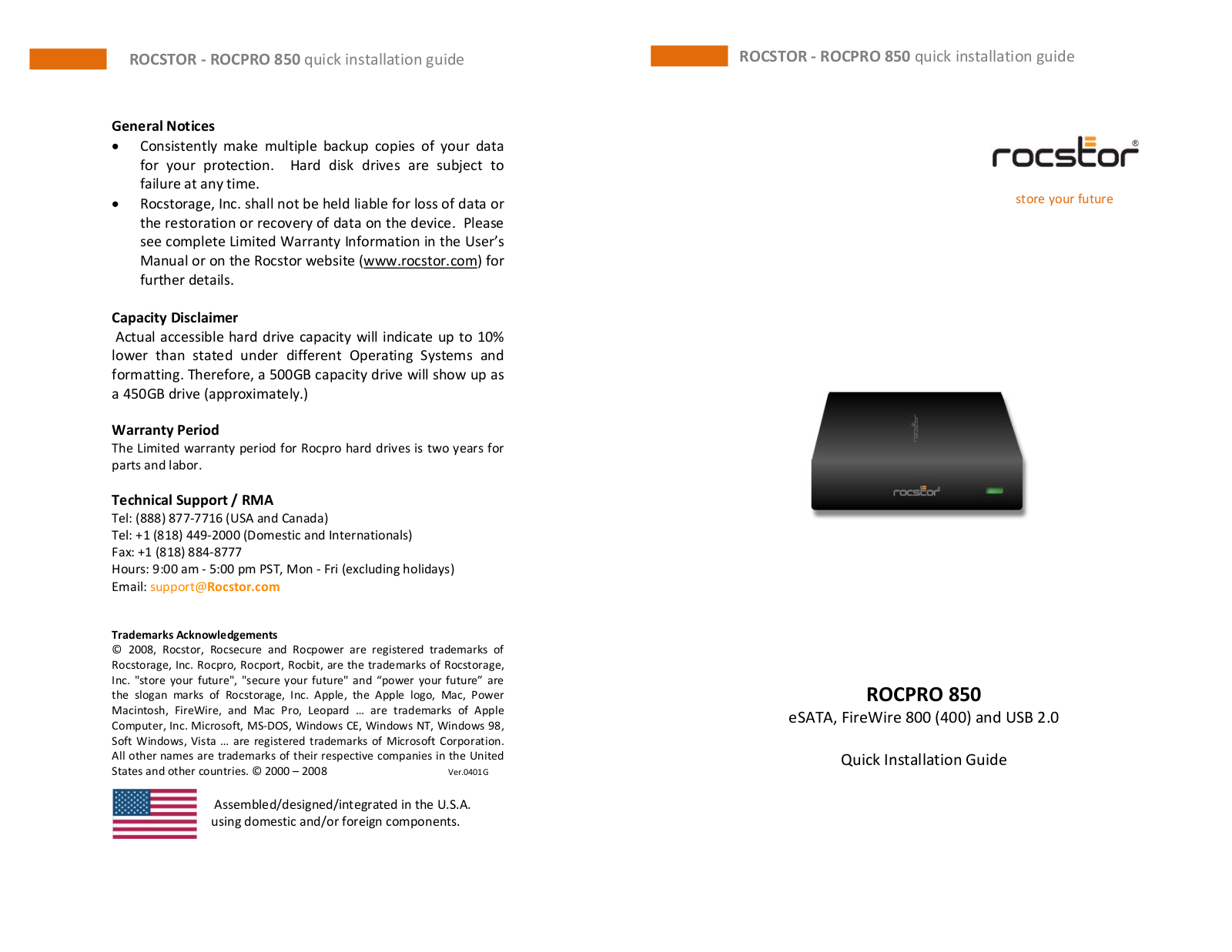 Rocstor Rocpro 850 Quick Installation Guide