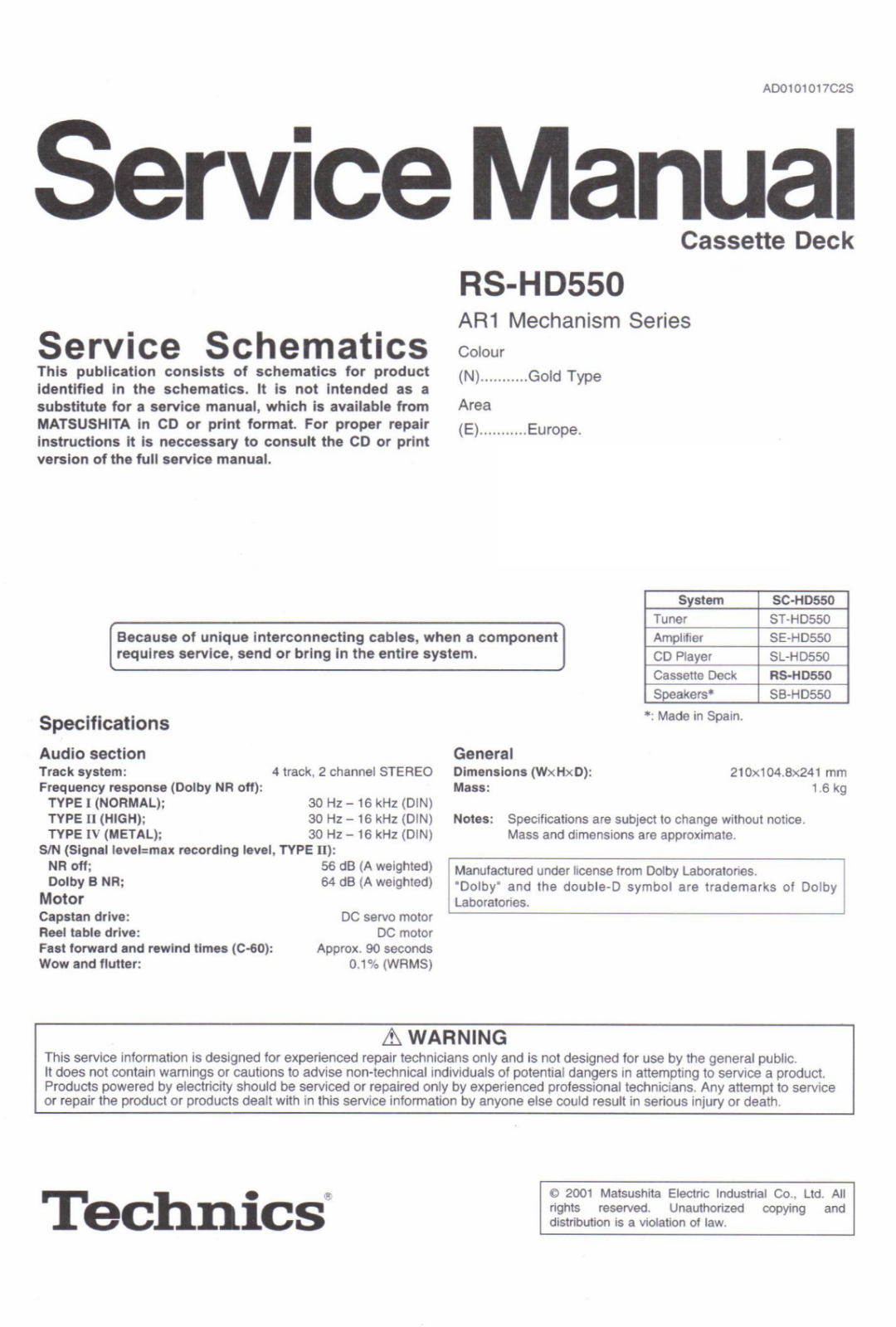 Technics RS-HD-550 Service Manual