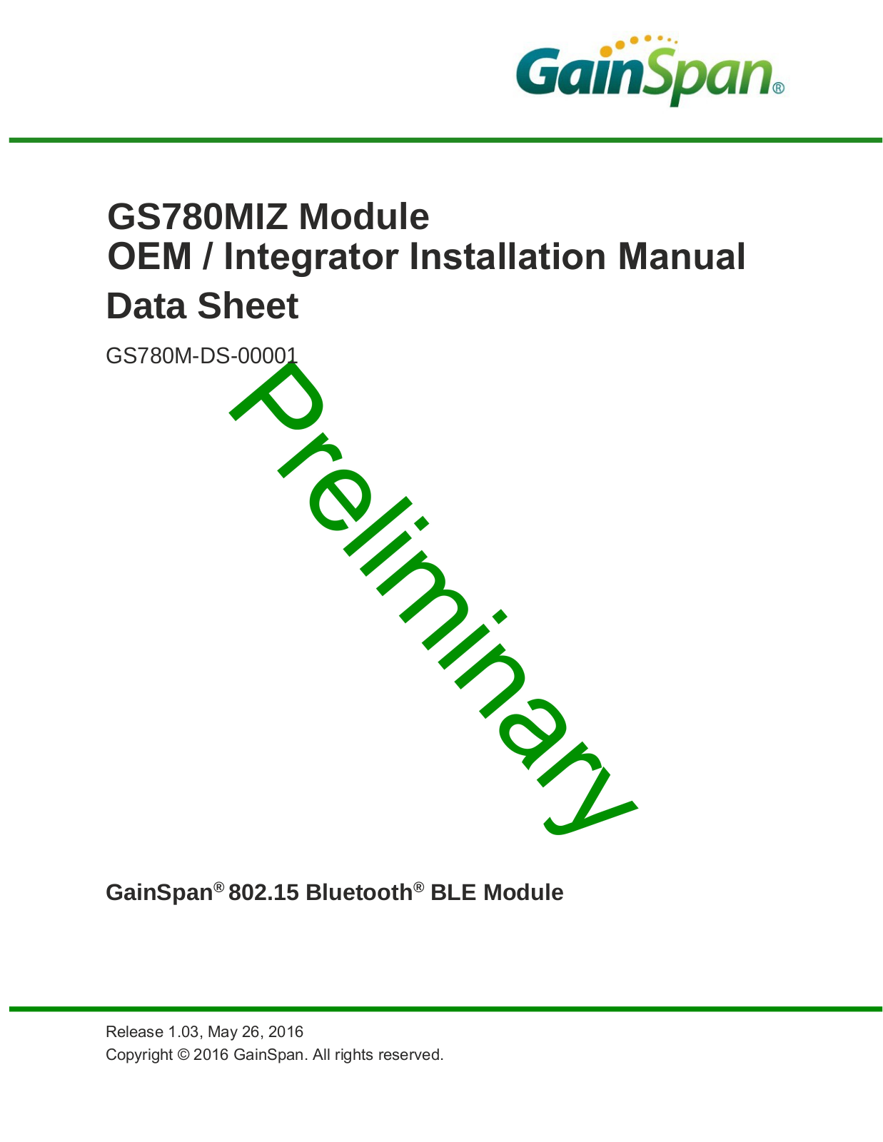 Gainspan GS780MIZ Users Manual