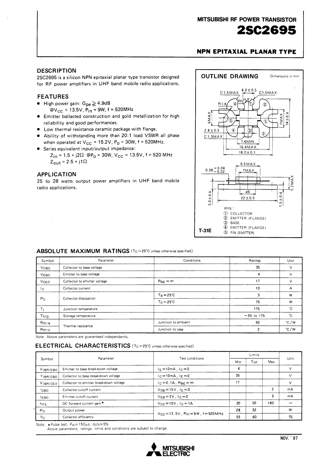 Mitsubishi Electric Corporation Semiconductor Group 2SC2695 Datasheet