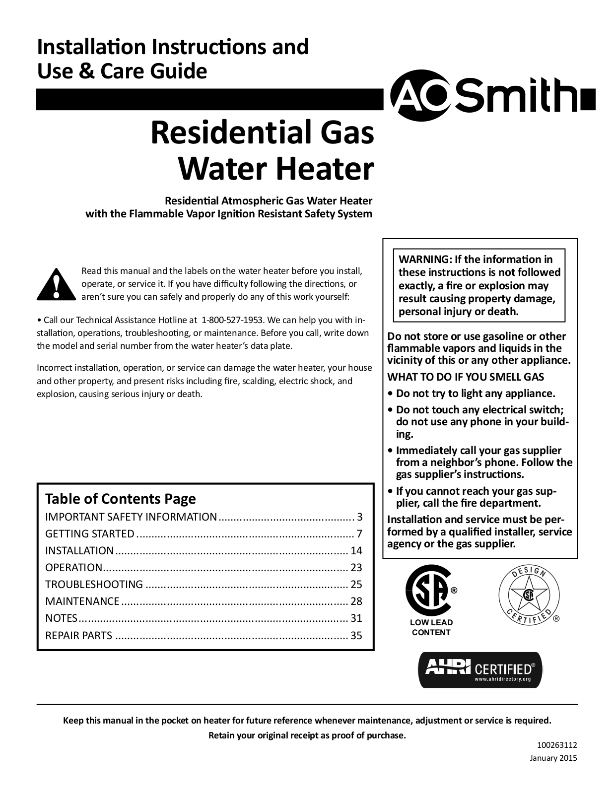 A.O. Smith FCG-75L, FCG-100, FCG-75, PCG-100, PCG-75 Technical Documents