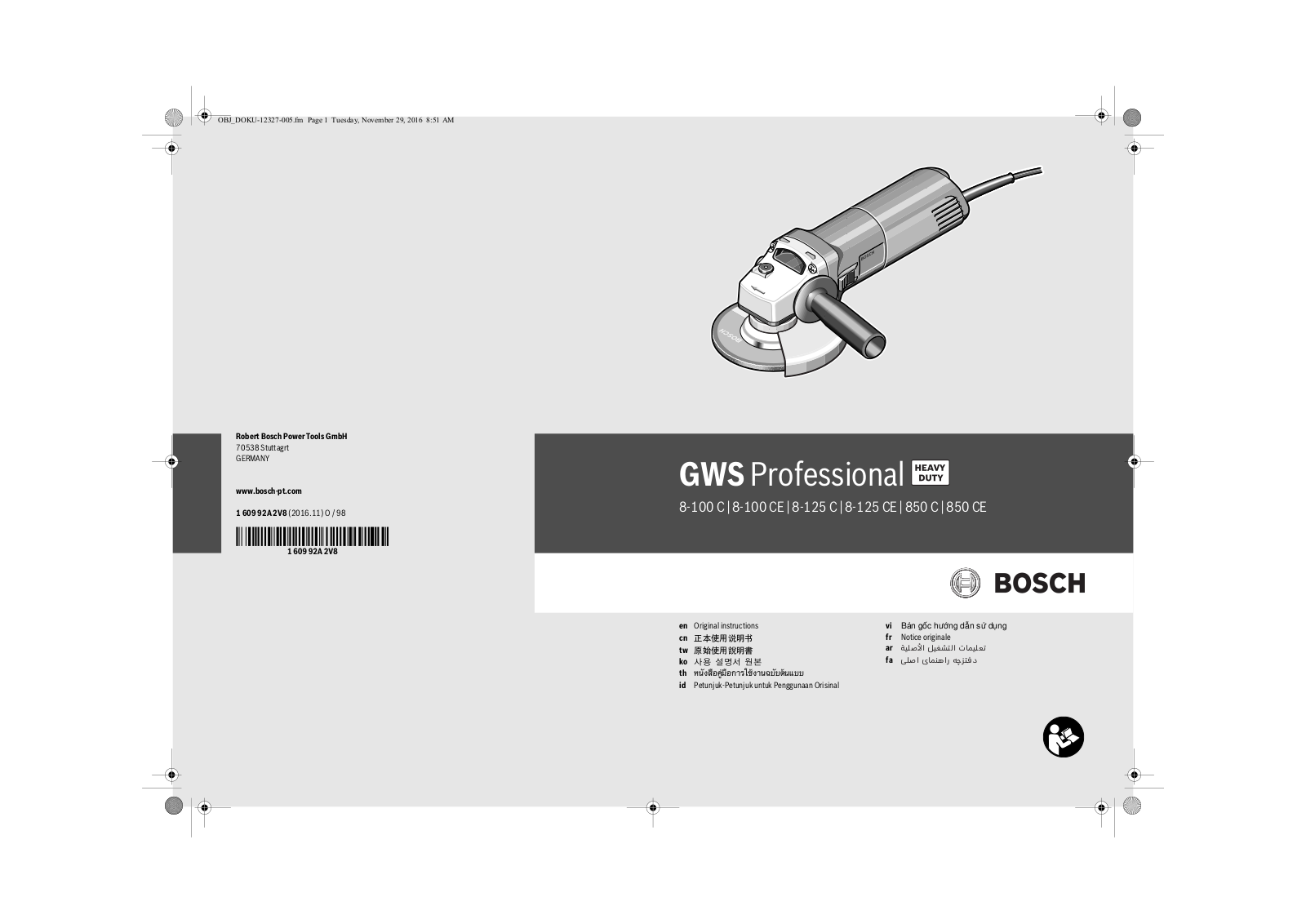 Bosch GWS 8-100 C, GWS 8-100 CE, GWS 8-125 C, GWS 8-125 CE, GWS 850 C User Manual