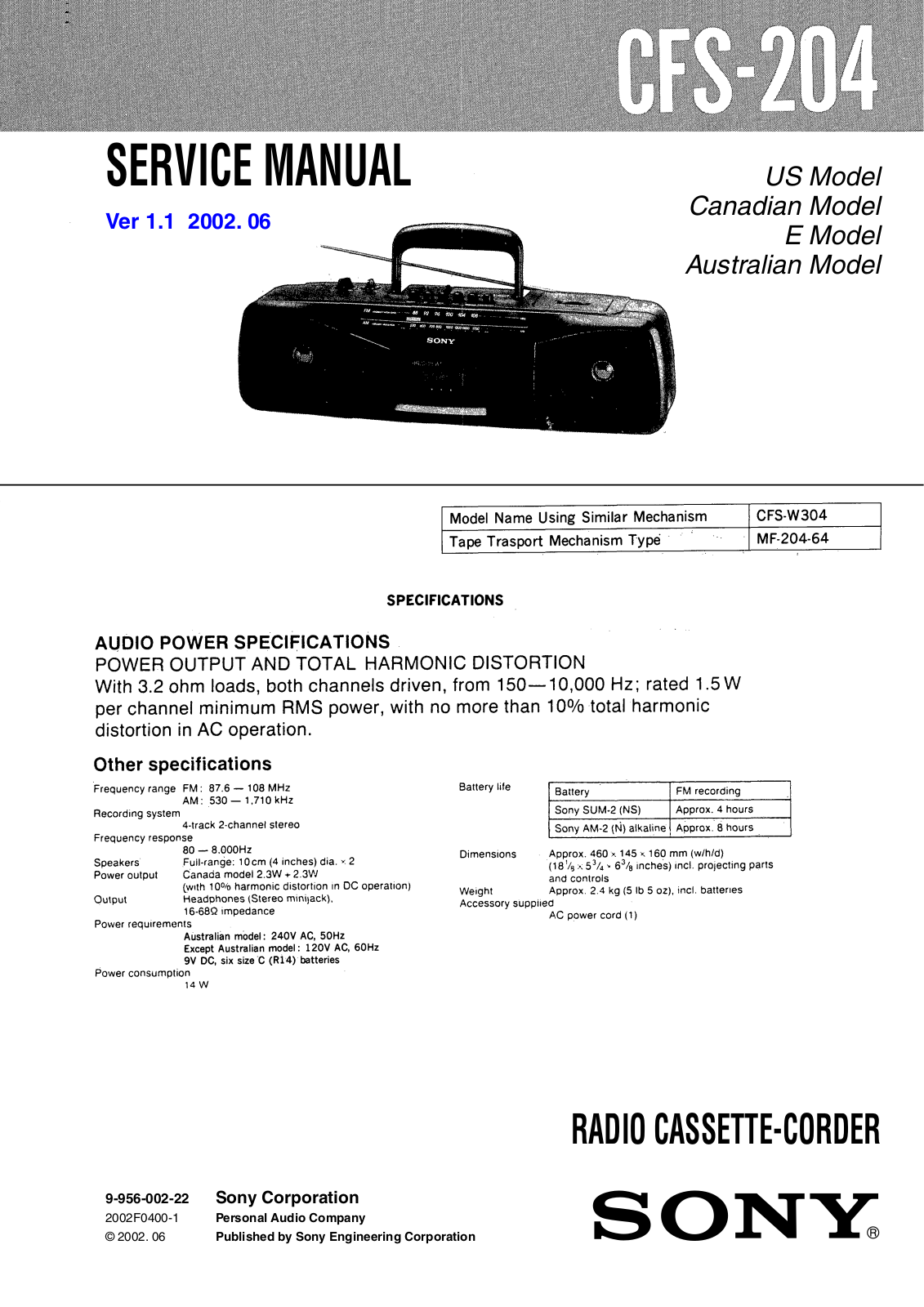 Sony CFS-204 Service manual