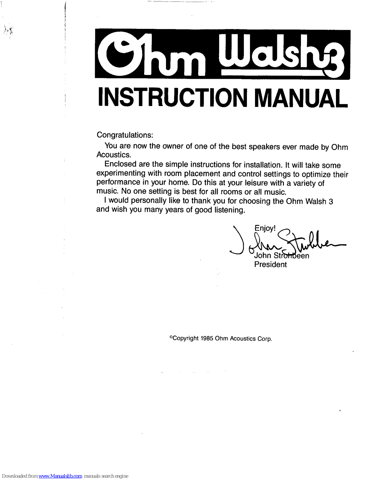 Ohm Acoustics Walsh 3 Instruction Manual