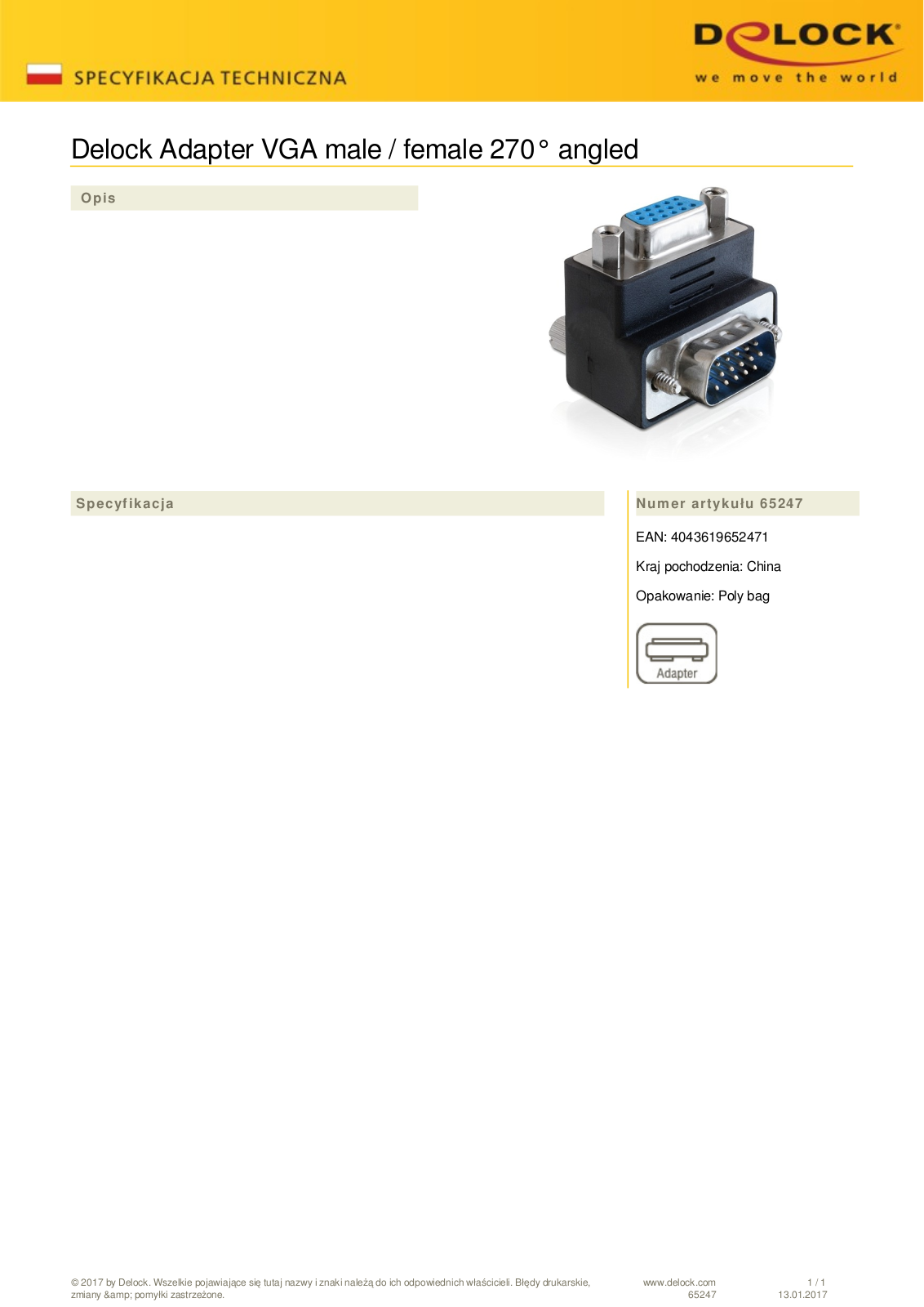 DeLOCK VGA adapter socket-plug top angled 90 User Manual