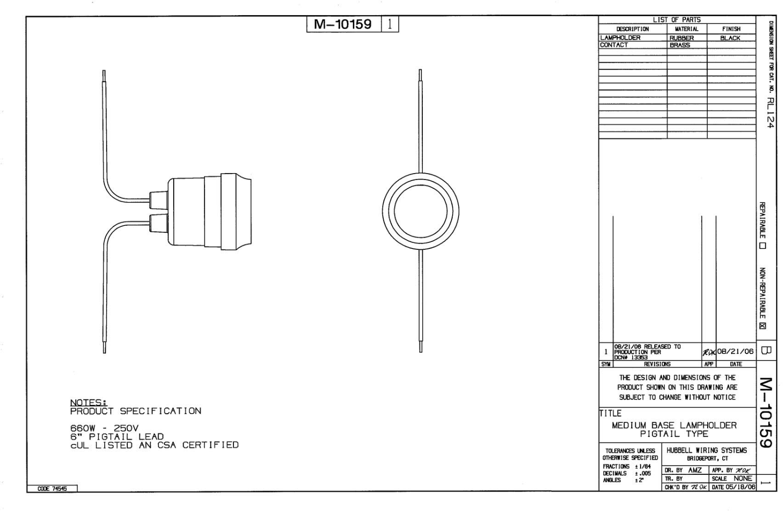 Hubbell RL124 Reference Drawing