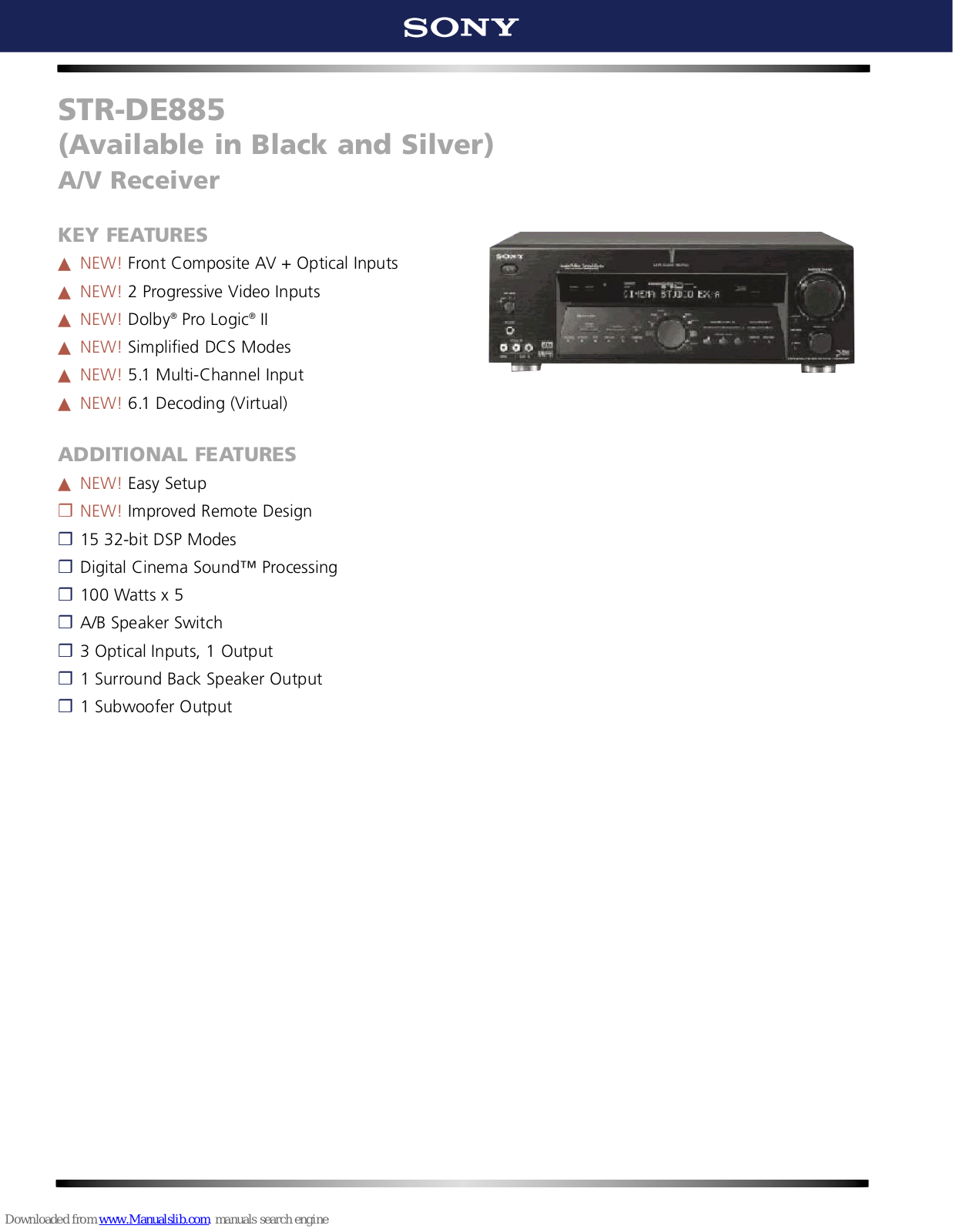 Sony STR-DE885 - Fm Stereo/fm-am Receiver, STR-DE885/S - Fm Stereo/fm-am Receiver Product Information