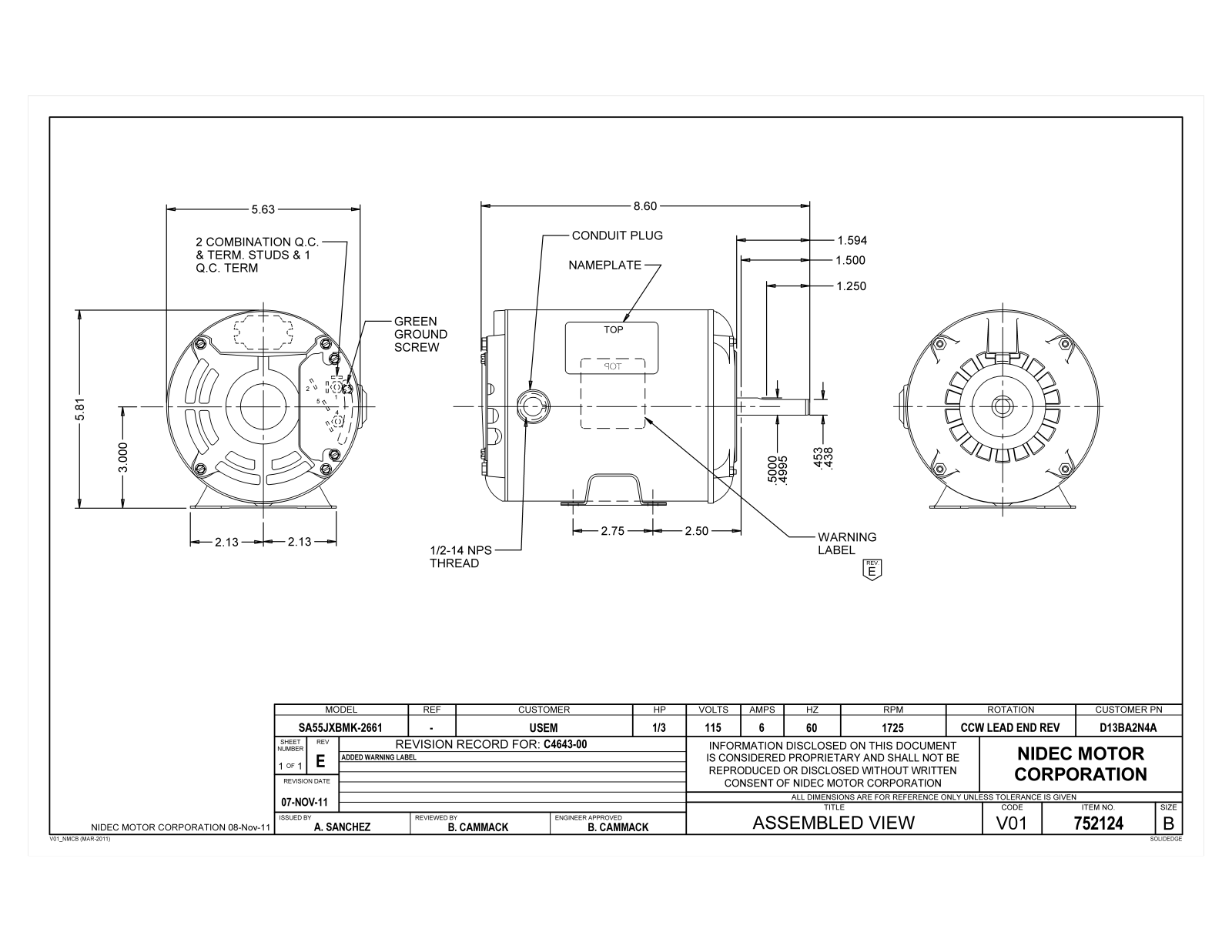 US Motors D13BA2N4A Dimensional Sheet