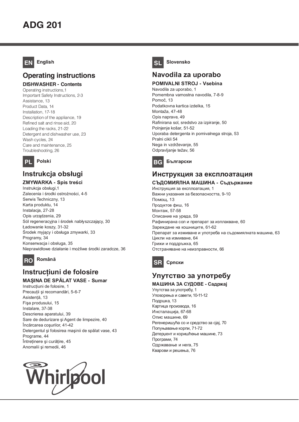 WHIRLPOOL ADG 201 User Manual