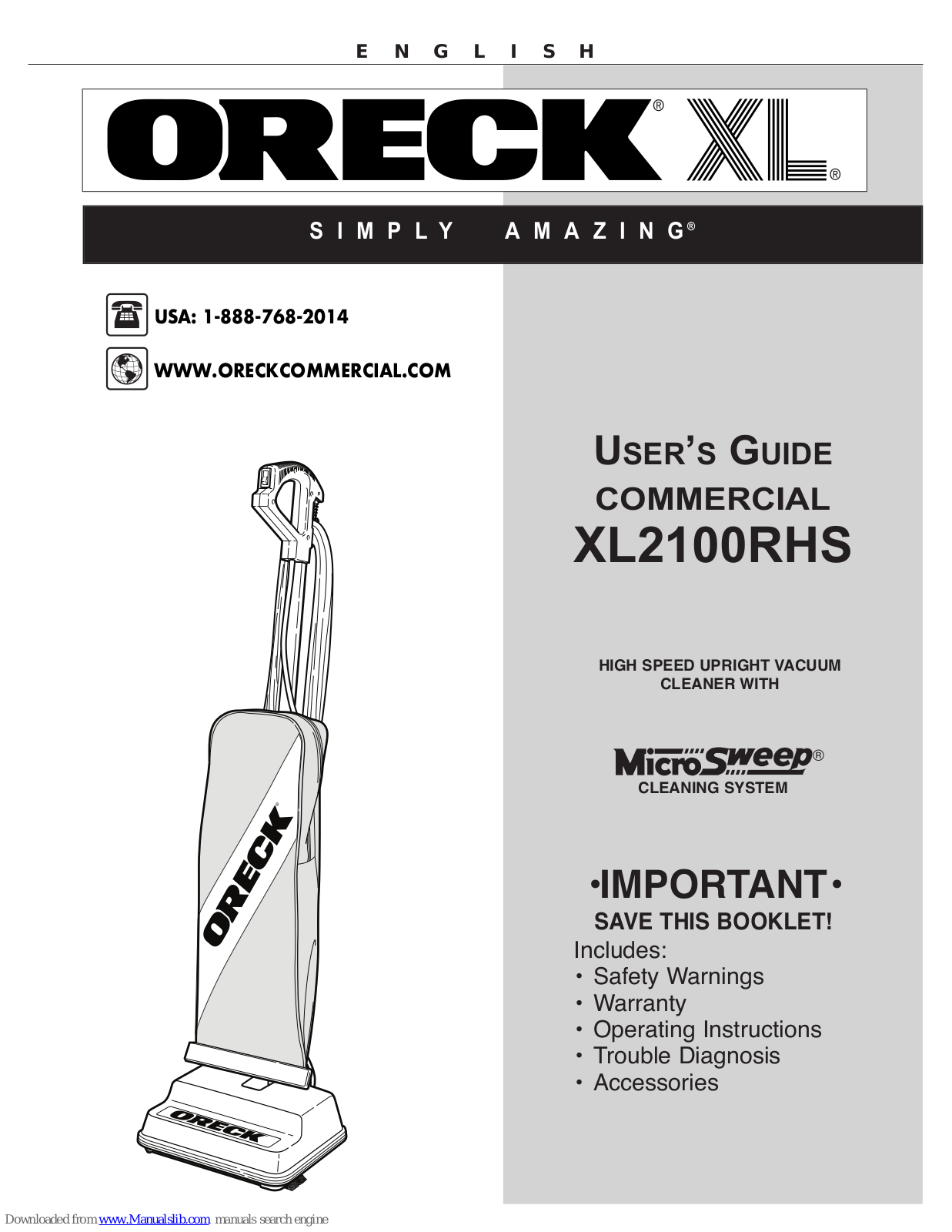 Oreck XL2100RHS User Manual