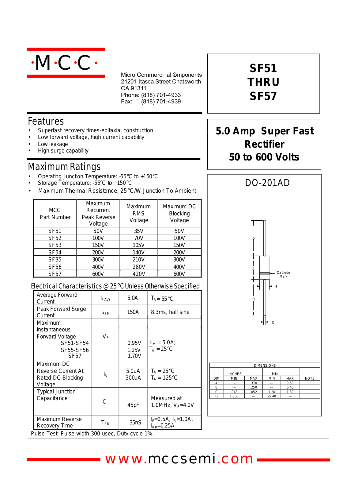 MCC SF52, SF51, SF53, SF56, SF55 Datasheet