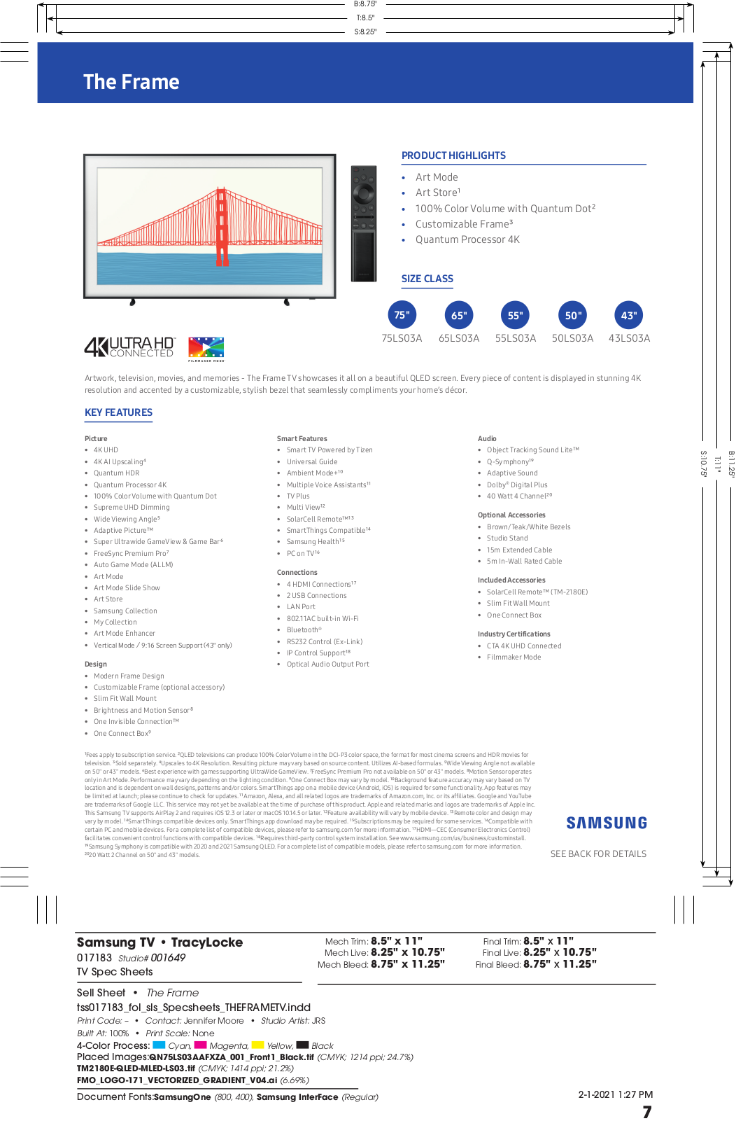 Samsung QN75LS03A, QN65LS03A, QN55LS03A, QN50LS03A, QN43LS03A Specification Sheet