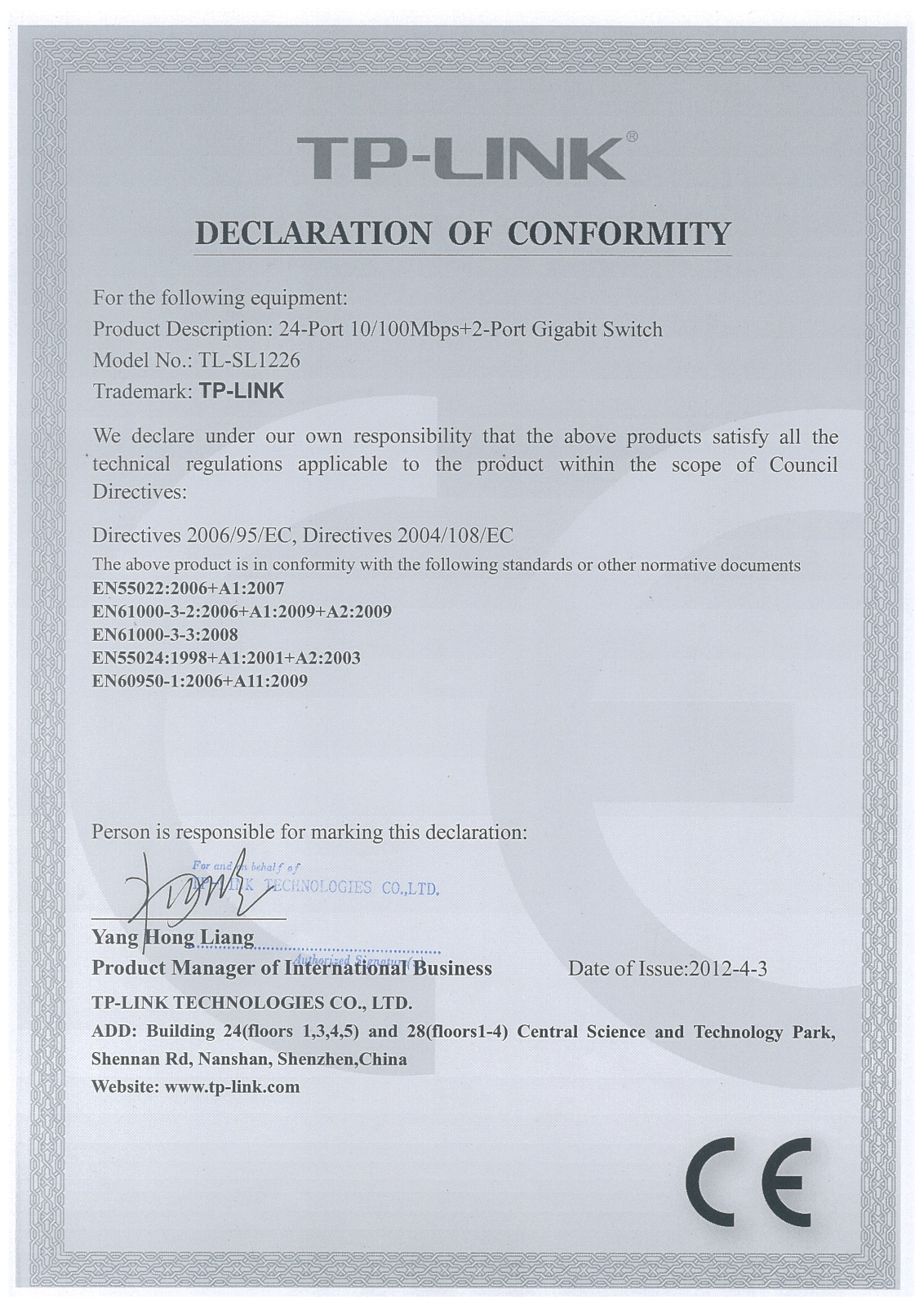 TP-Link TL-SL1226 Declaration of Conformity