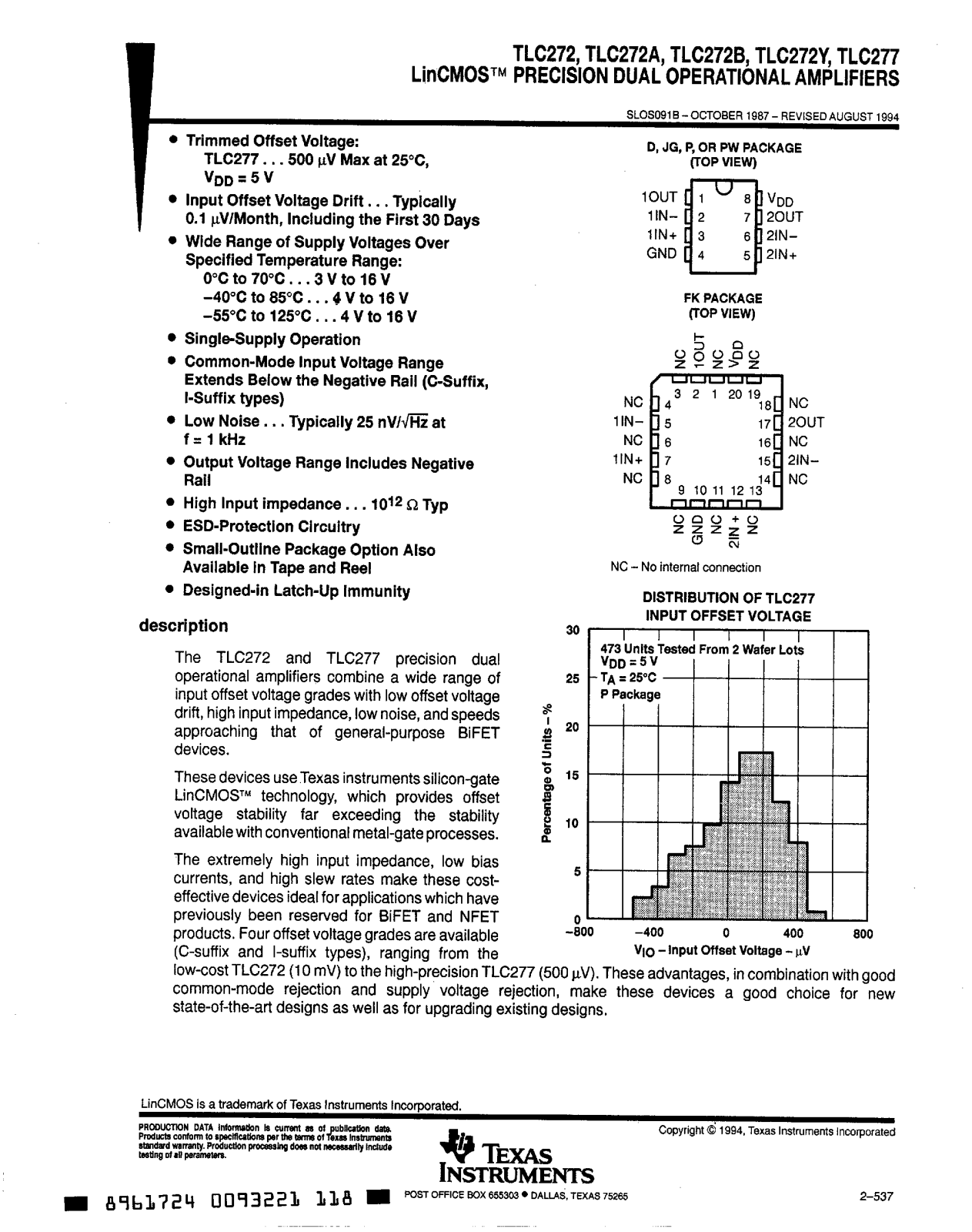 Texas Instruments TLC277MP, TLC277MJG, TLC277CP, TLC277CD, TLC272Y Datasheet