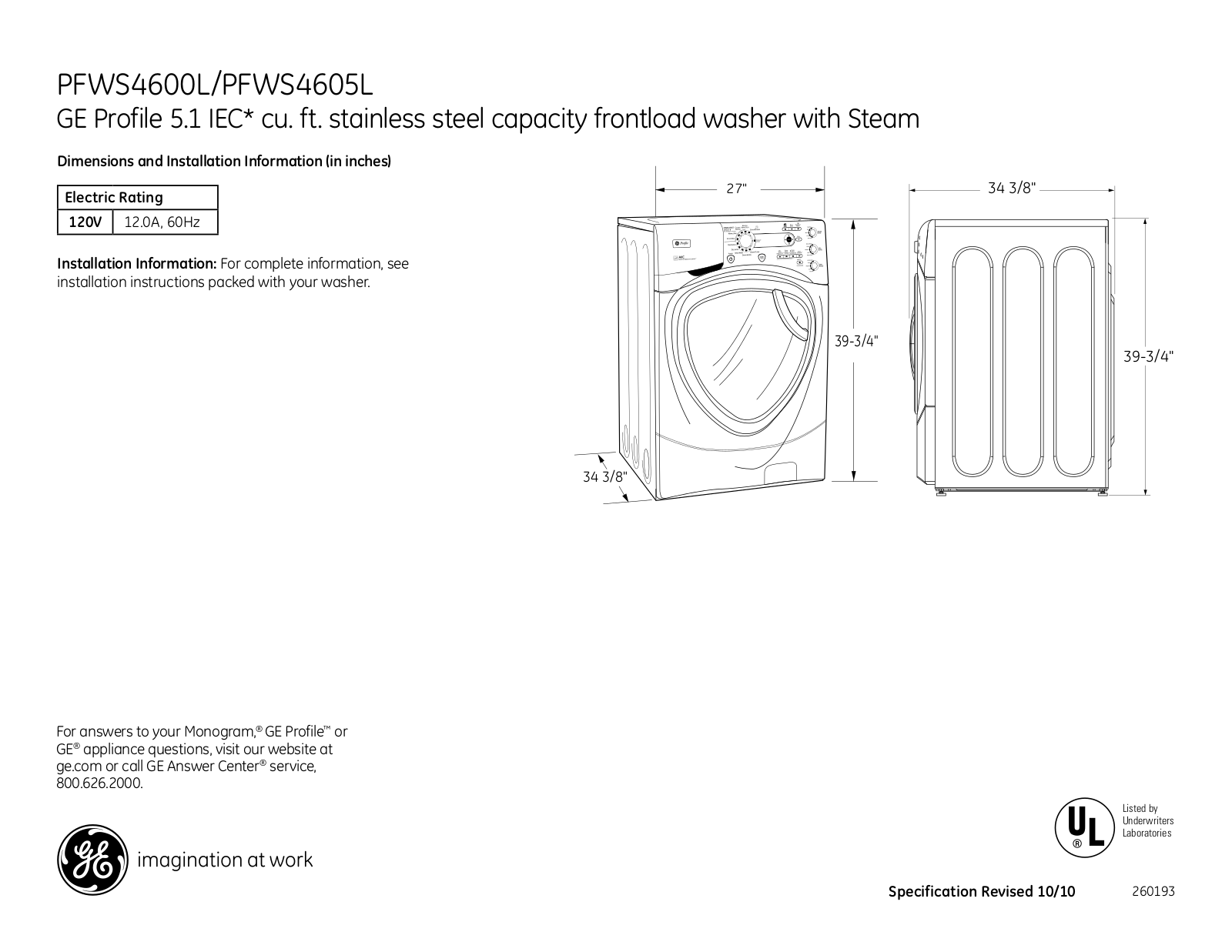 GE PFWS4605LMG, SPBD880JWW, PFWS4605L, PFWS4600LWW, PFWS4600L User Manual