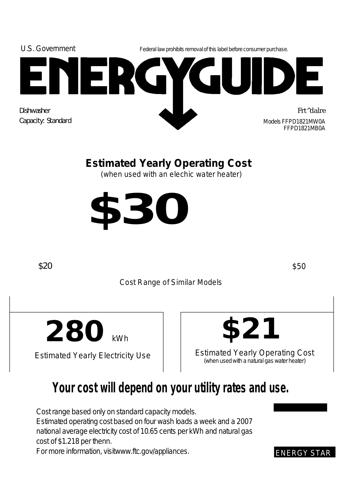 FRIGIDAIRE FFPD1821MW User Manual