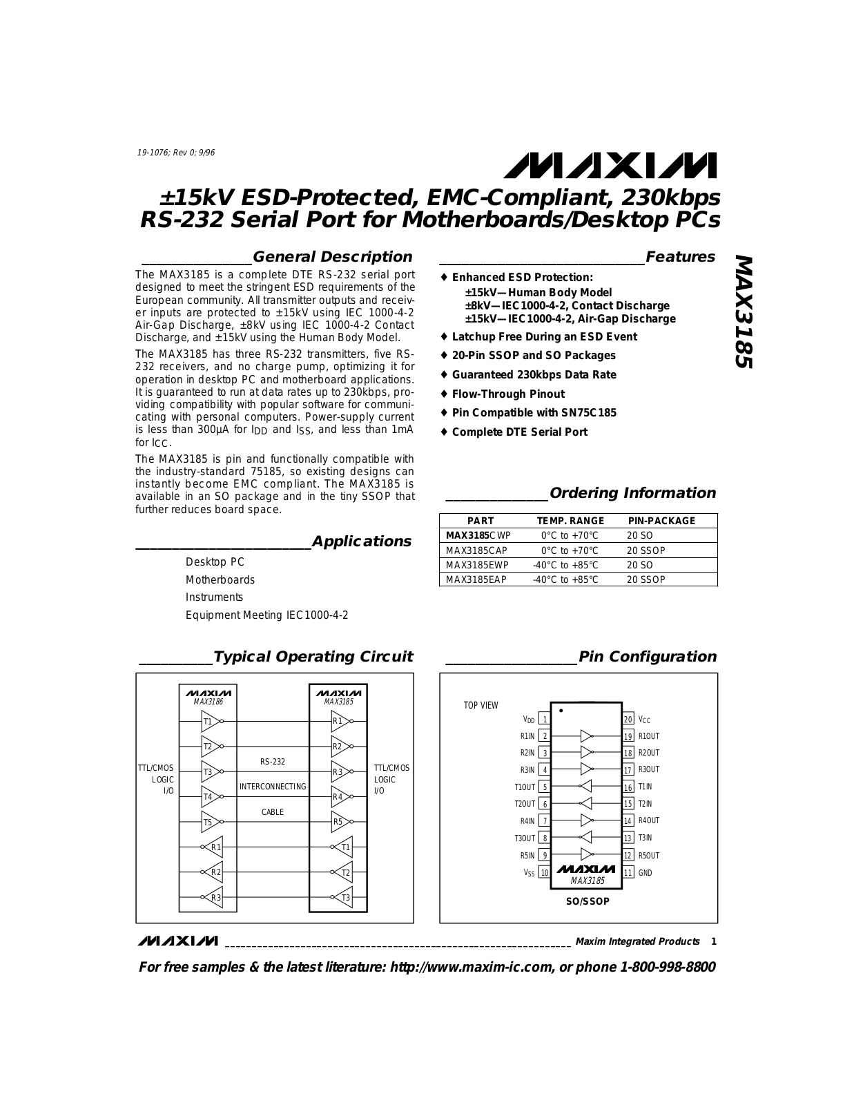 Maxim MAX3185EWP, MAX3185CAP, MAX3185EAP, MAX3185CWP Datasheet