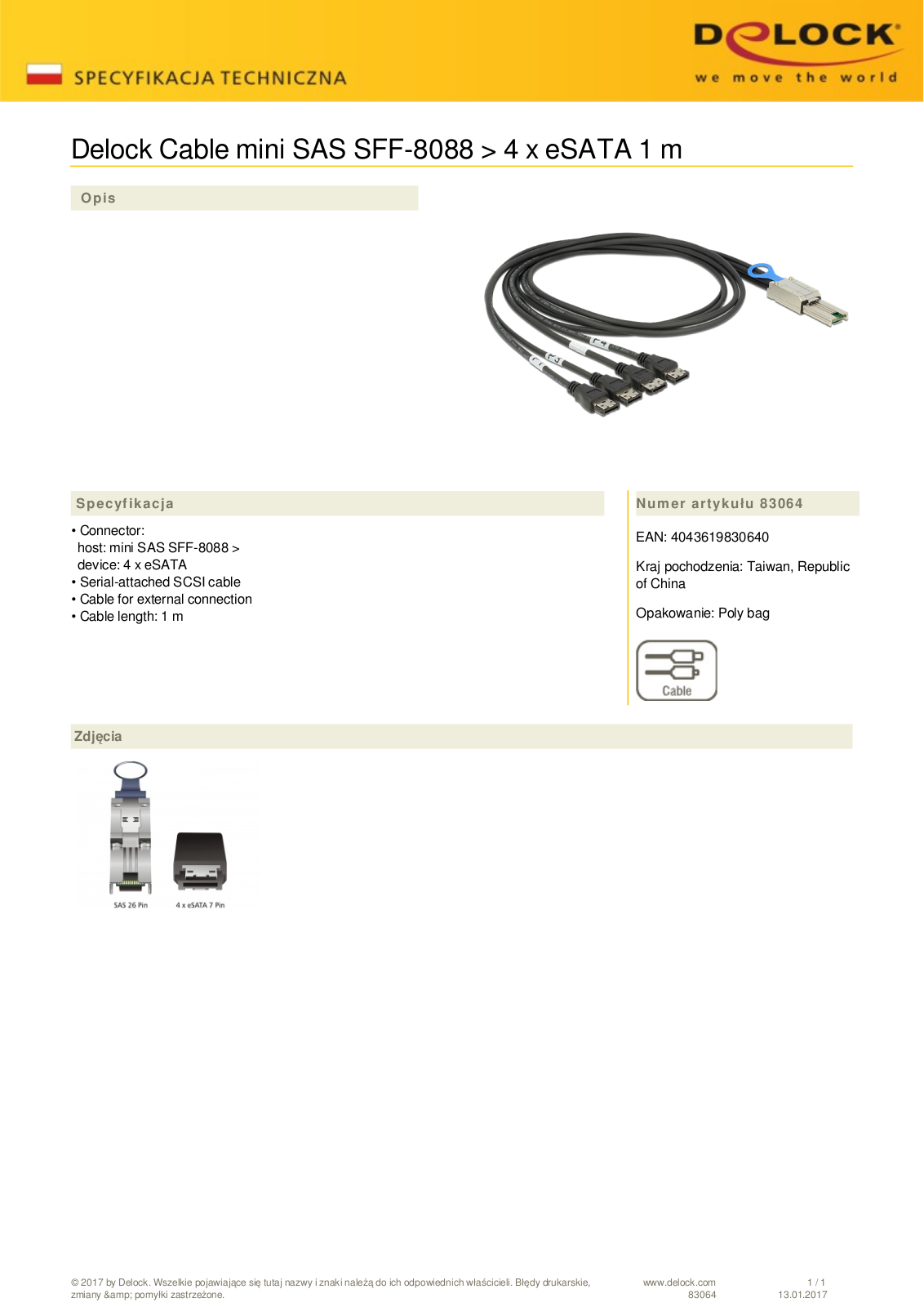 DeLOCK mini SAS x4  SFF-8088  on 4x eSATA cable, 1m User Manual