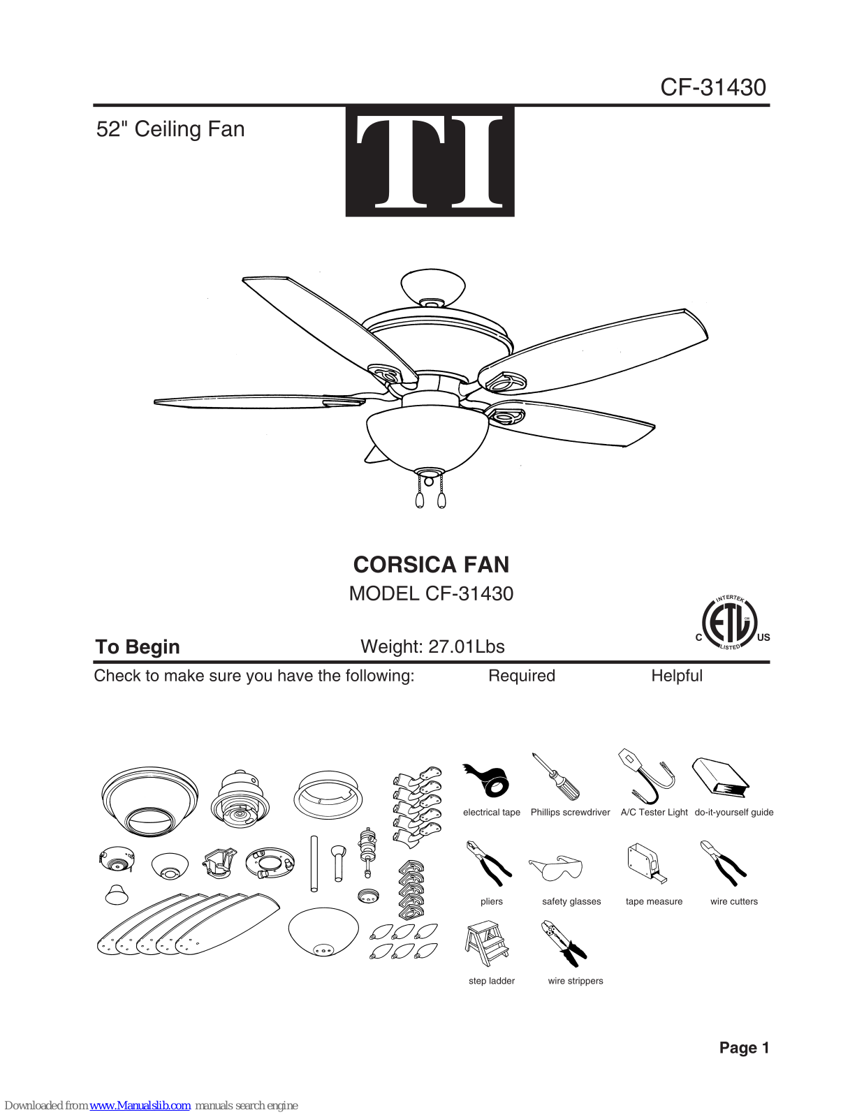 TI CF-31430, Corsica CF-31430 Installation Instructions Manual