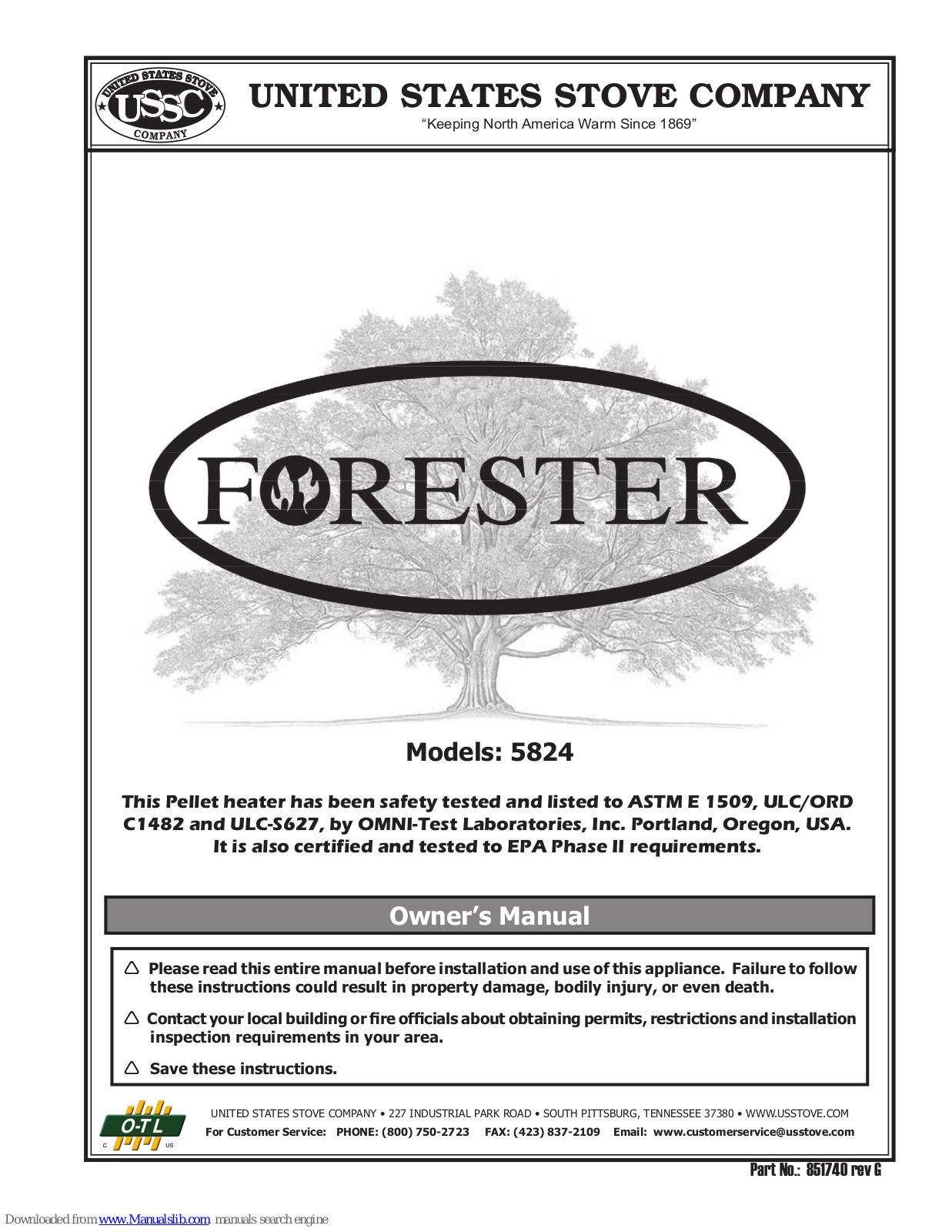 United States Stove Company Forester 5824 Owner's Manual