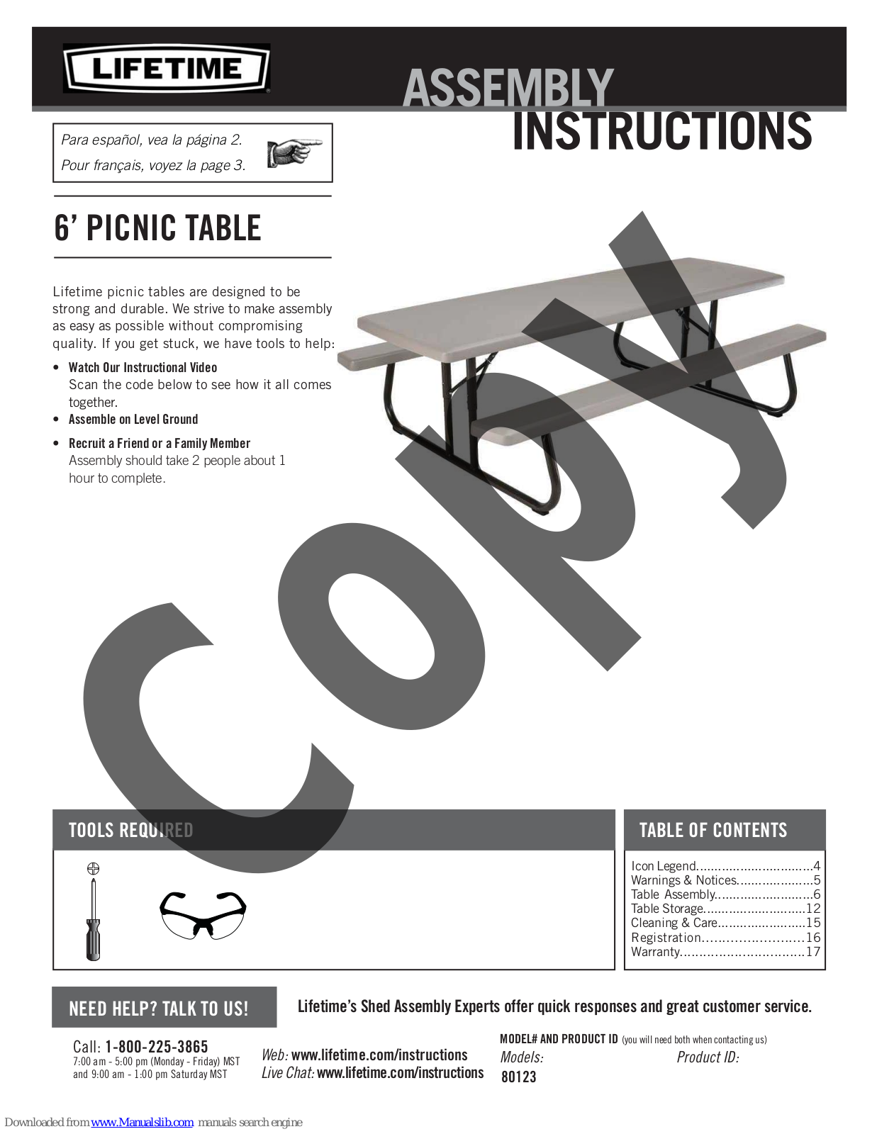 Lifetime 6’ PICNIC TABLE Assembly Instructions Manual