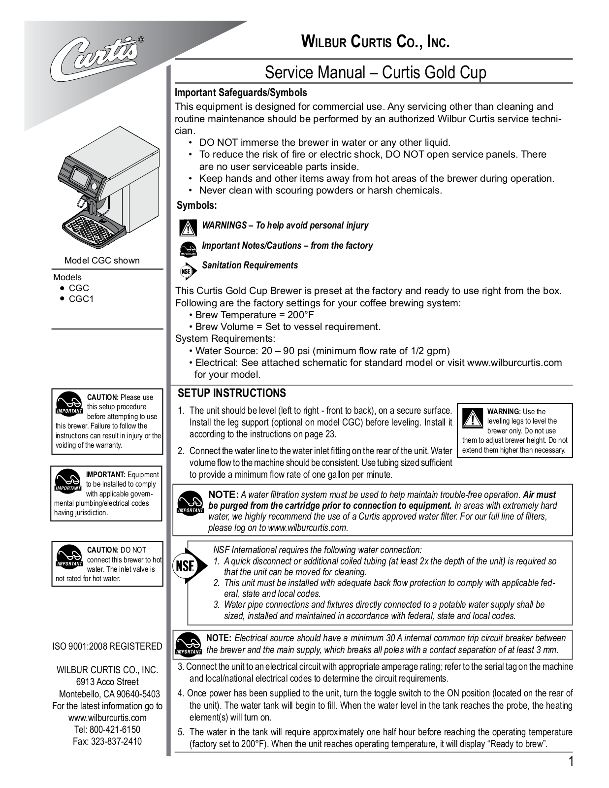 Wilbur Curtis CGC Service Manual