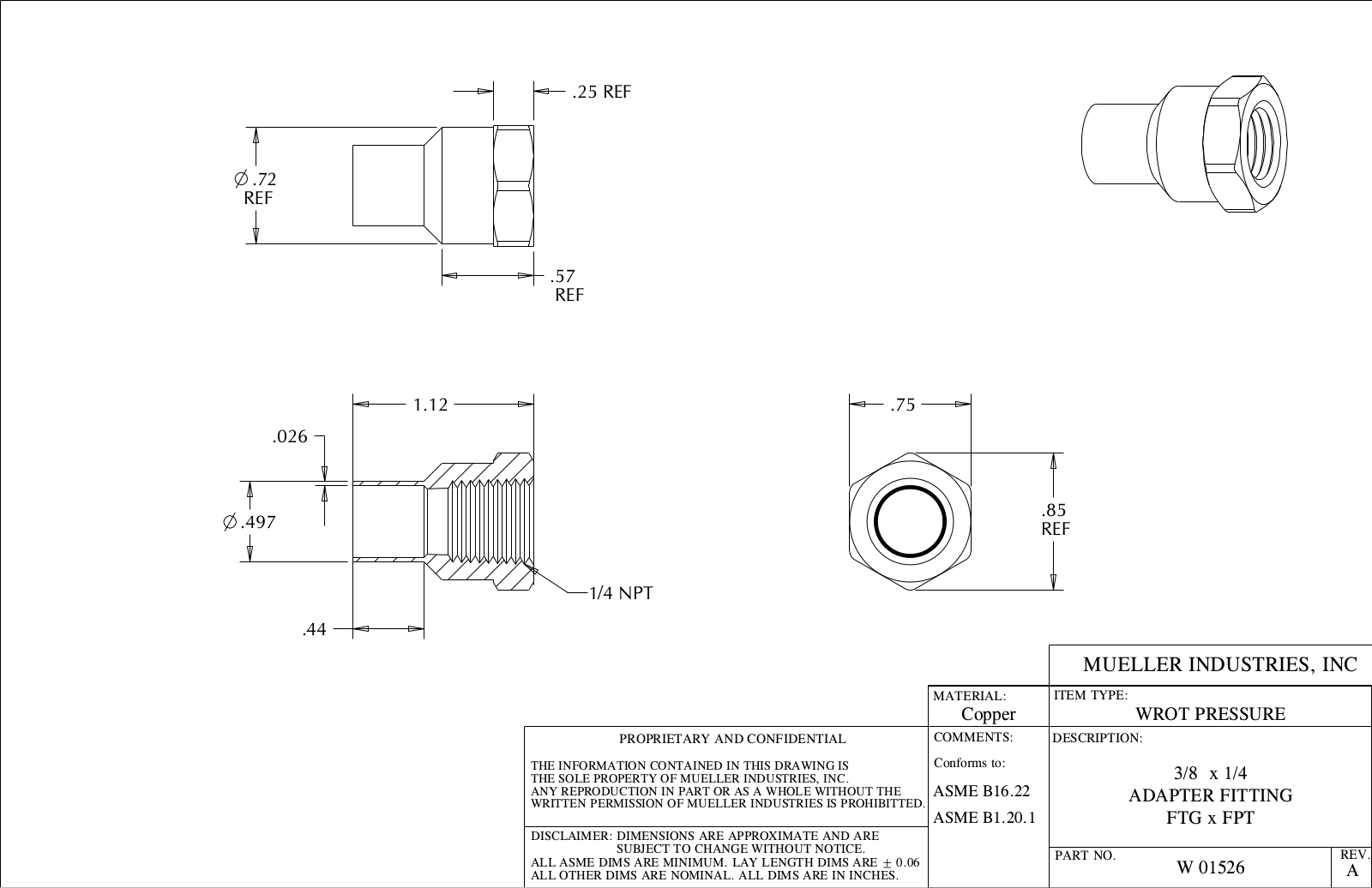 MUELLER INDUSTRIES W 01526 Drawing