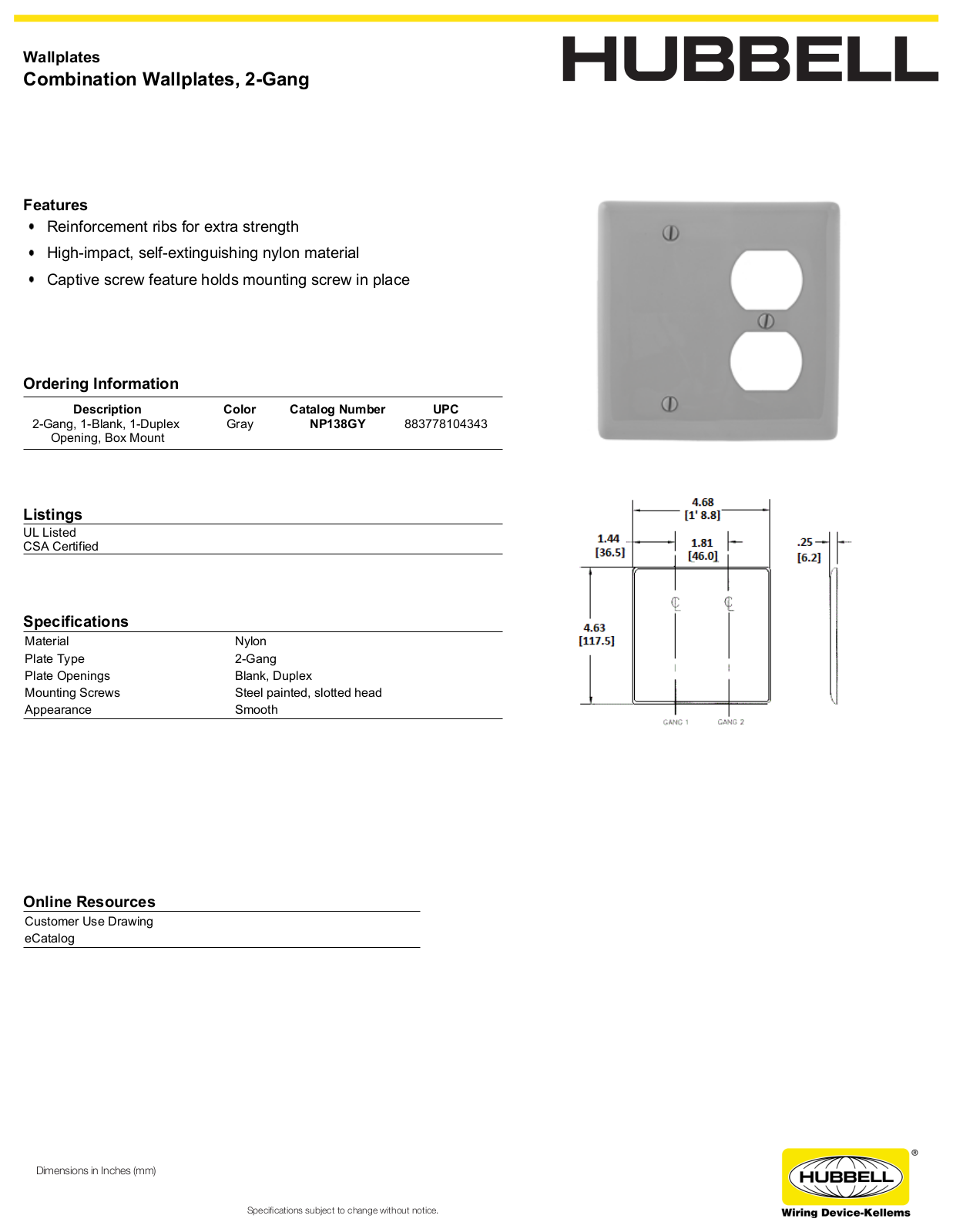 Hubbell NP138GY Specifications