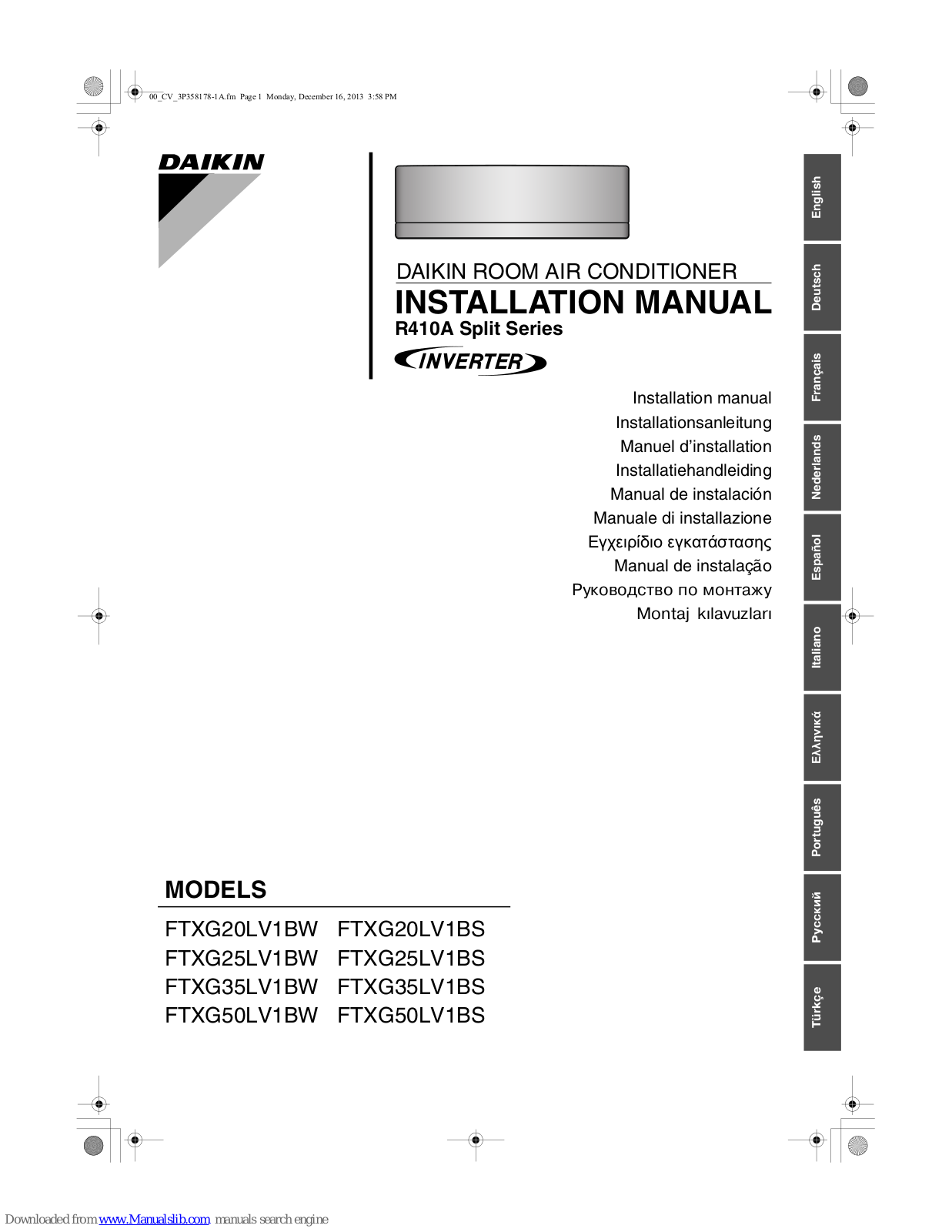 Daikin FTXG25LV1BW,FTXG25LV1BS Installation Manual