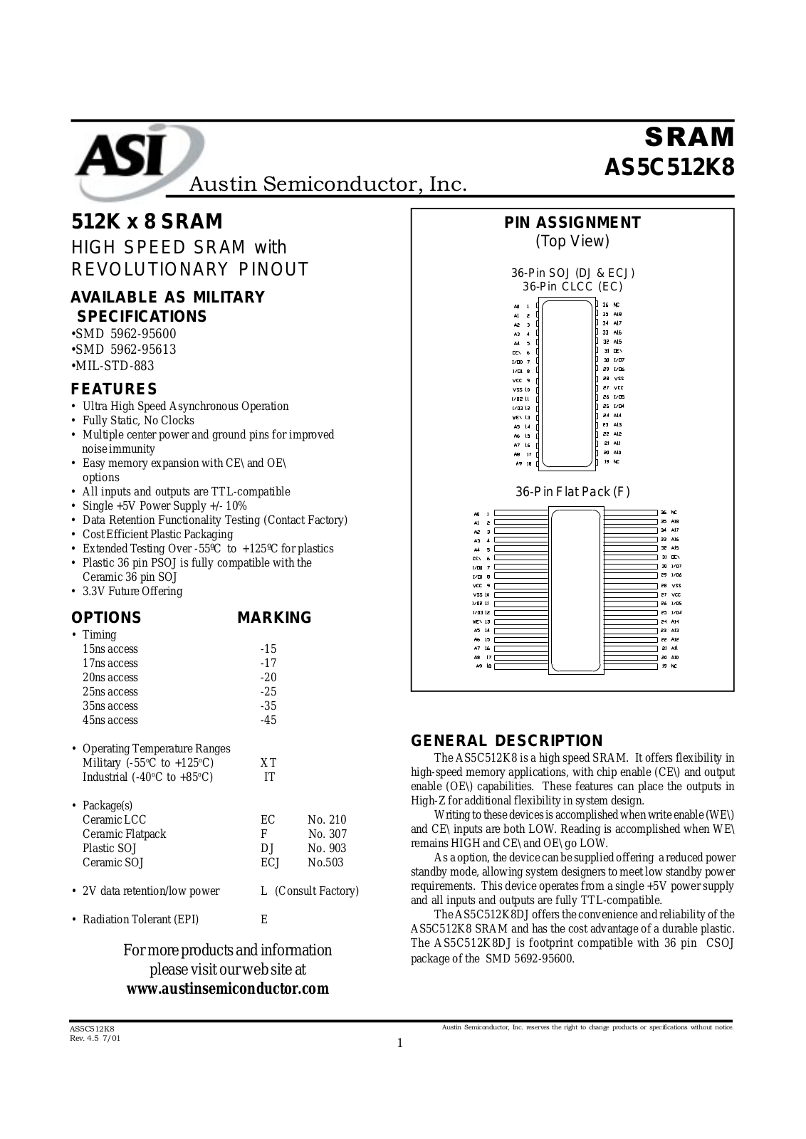 AUSTN AS5C512K8F-25E-XT, AS5C512K8F-25E-883C, AS5C512K8F-20L-XT, AS5C512K8F-20L-IT, AS5C512K8F-20L-883C Datasheet