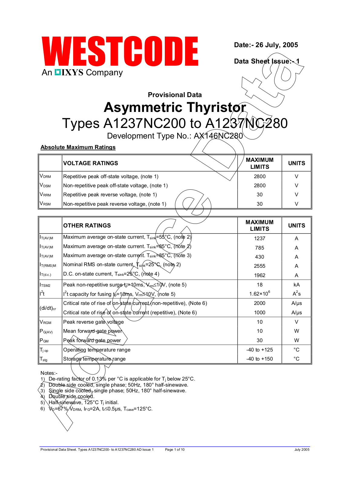 Westcode Semiconductors A1237NC200, A1237NC280 Data Sheet