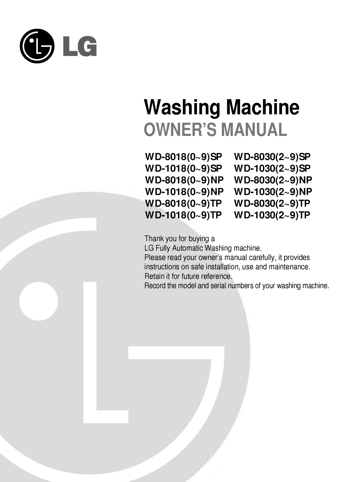 LG WD-80185TP, WD-10185TP, WD-10180TP User Manual