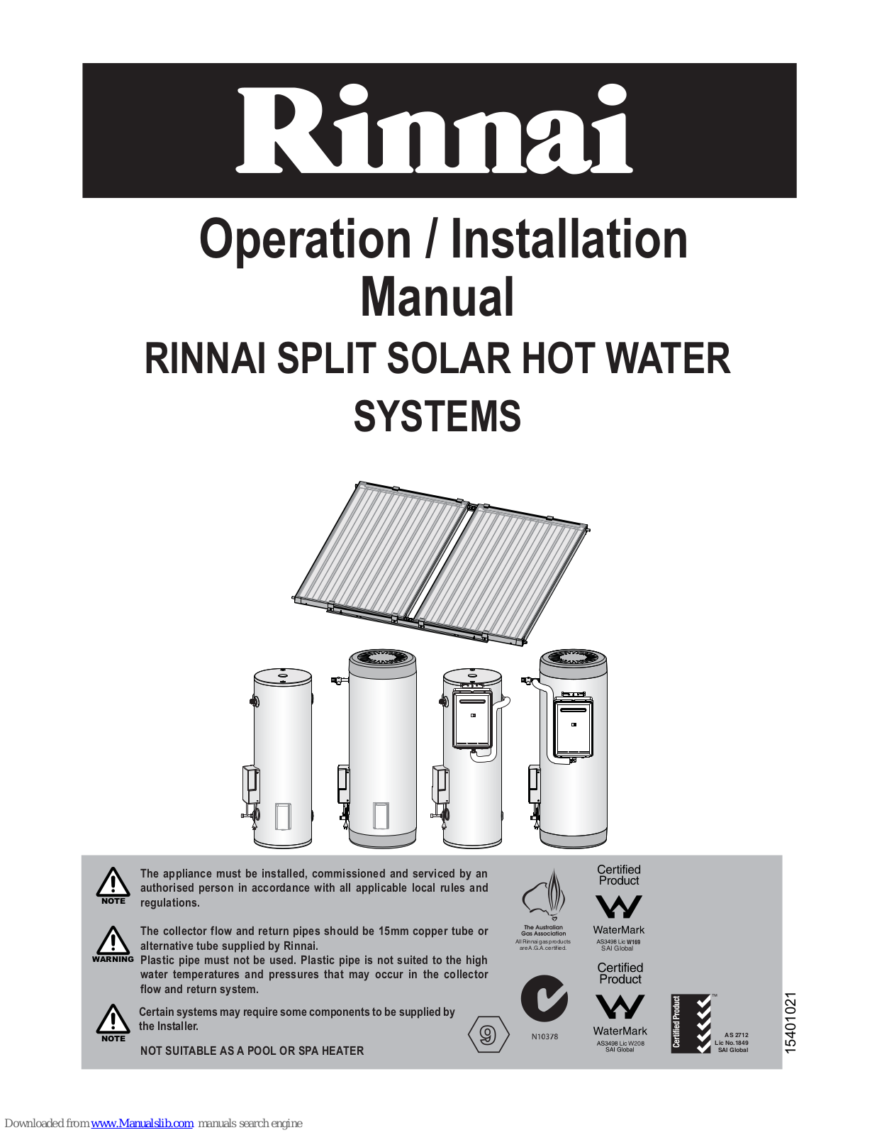 Rinnai SPLIT SOLAR Operation & Installation Manual