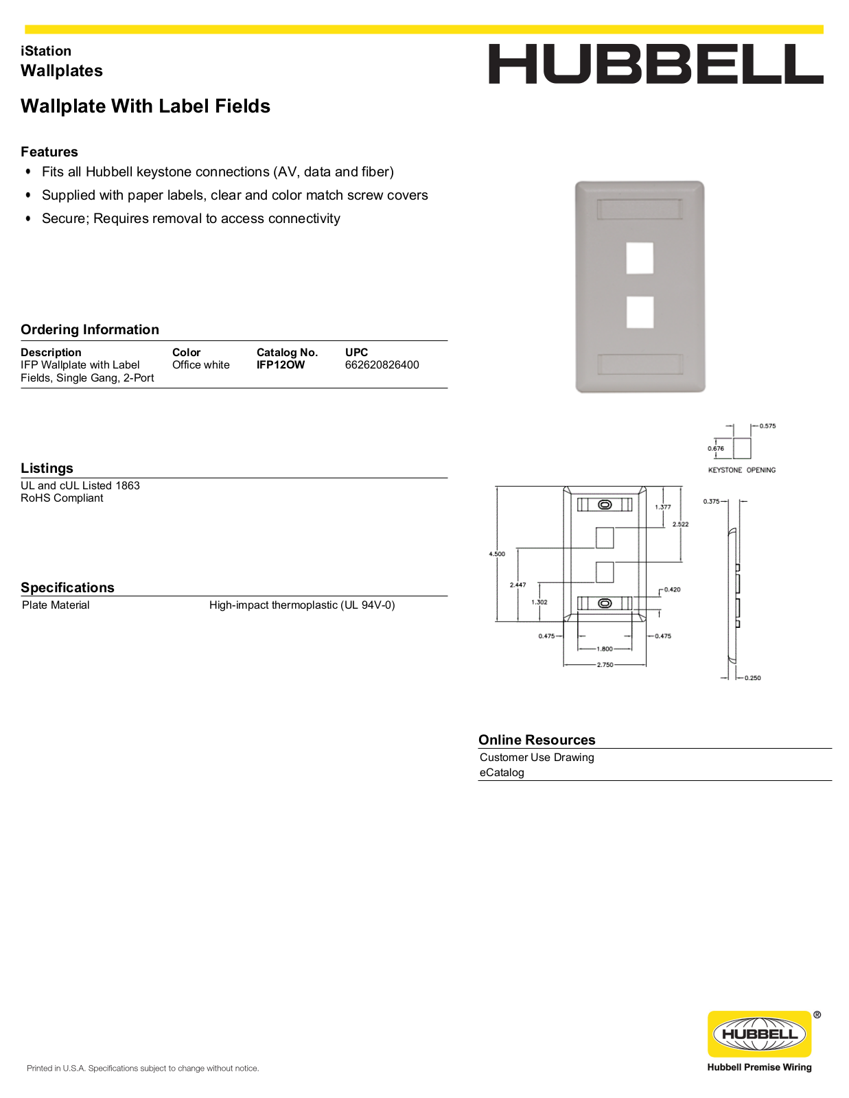 Hubbell IFP12OW Specifications