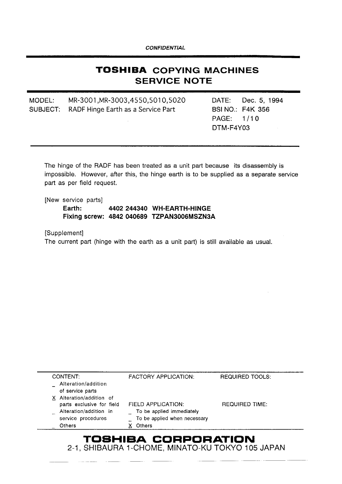 Toshiba f4k356 Service Note