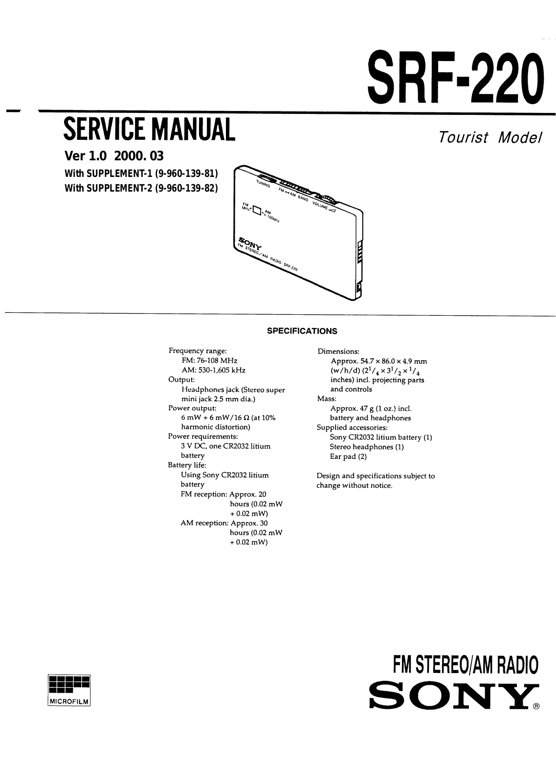 Sony SRF-220 Service manual
