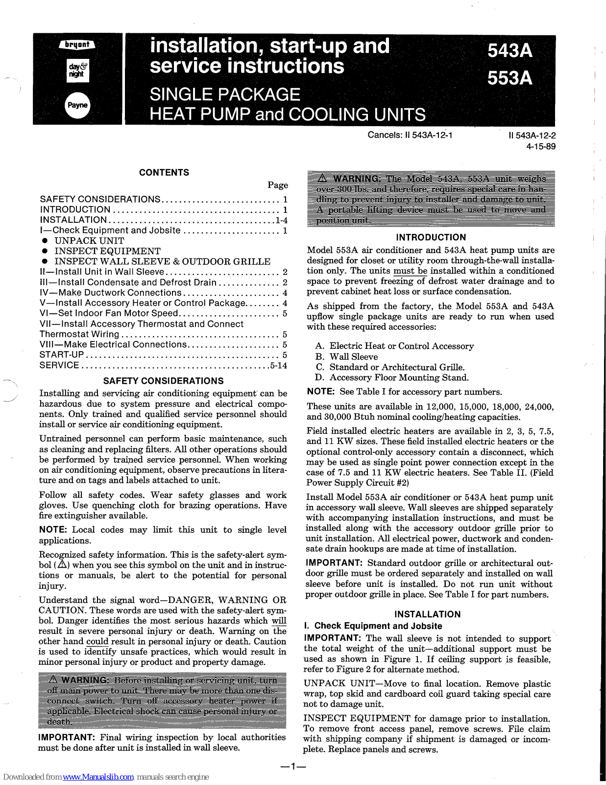 Bryant 543A, 553A Installation, Stat-up And Service Instructions