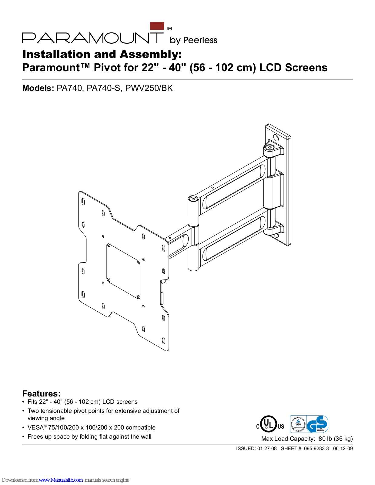 PEERLESS PARAMOUNT PA740, PARAMOUNT PA740-S, PARAMOUNT PWV250/BK Installation And Assembly Manual