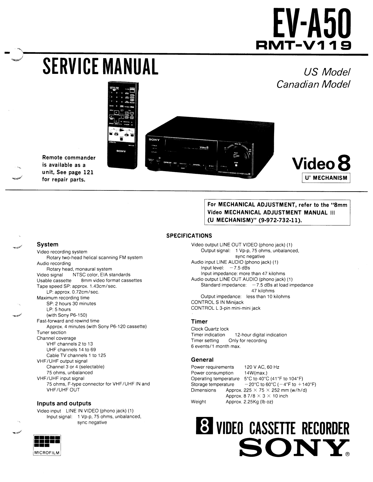 SONY EV-A50 Service Manual
