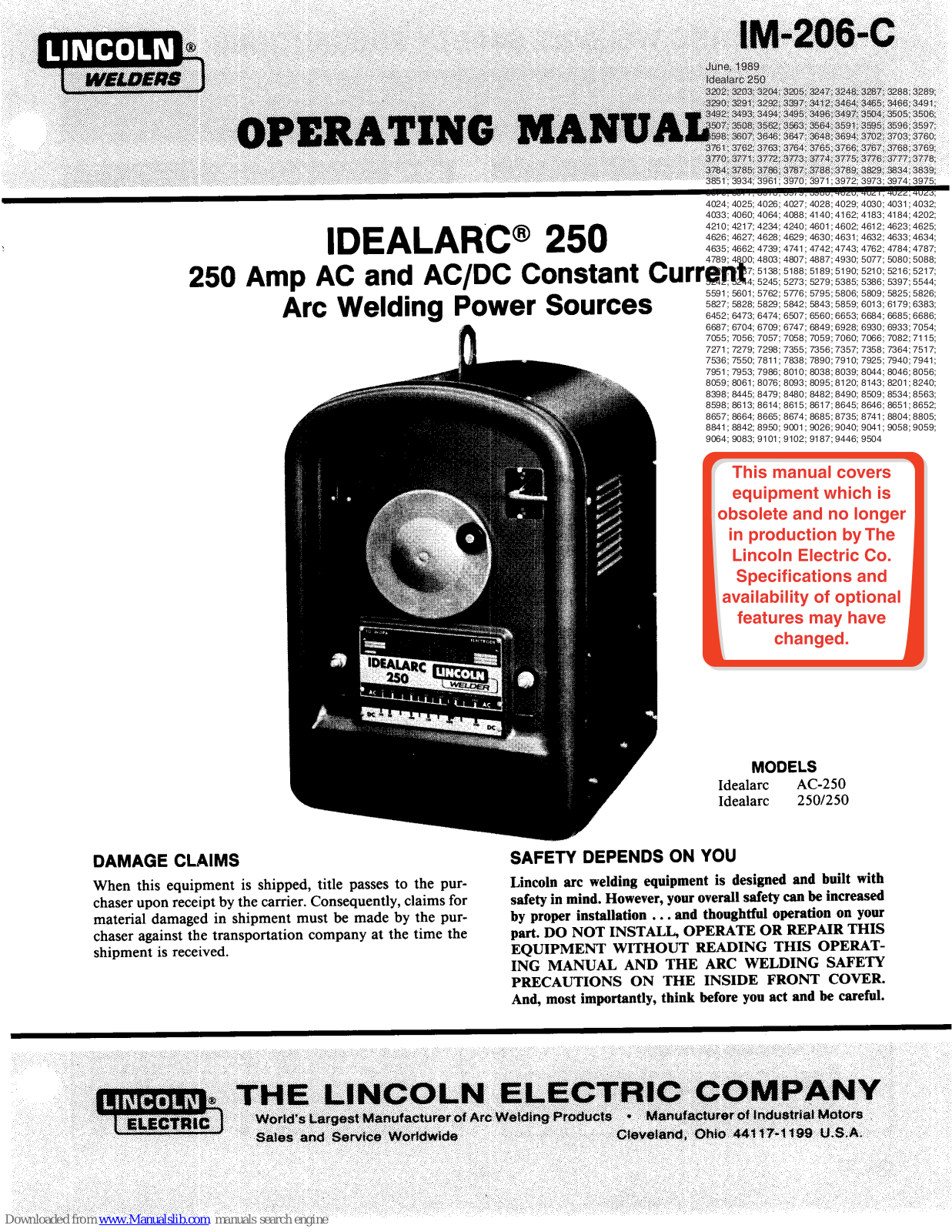 Lincoln Idealarc AC-250, Idealarc 250 Operating Manual