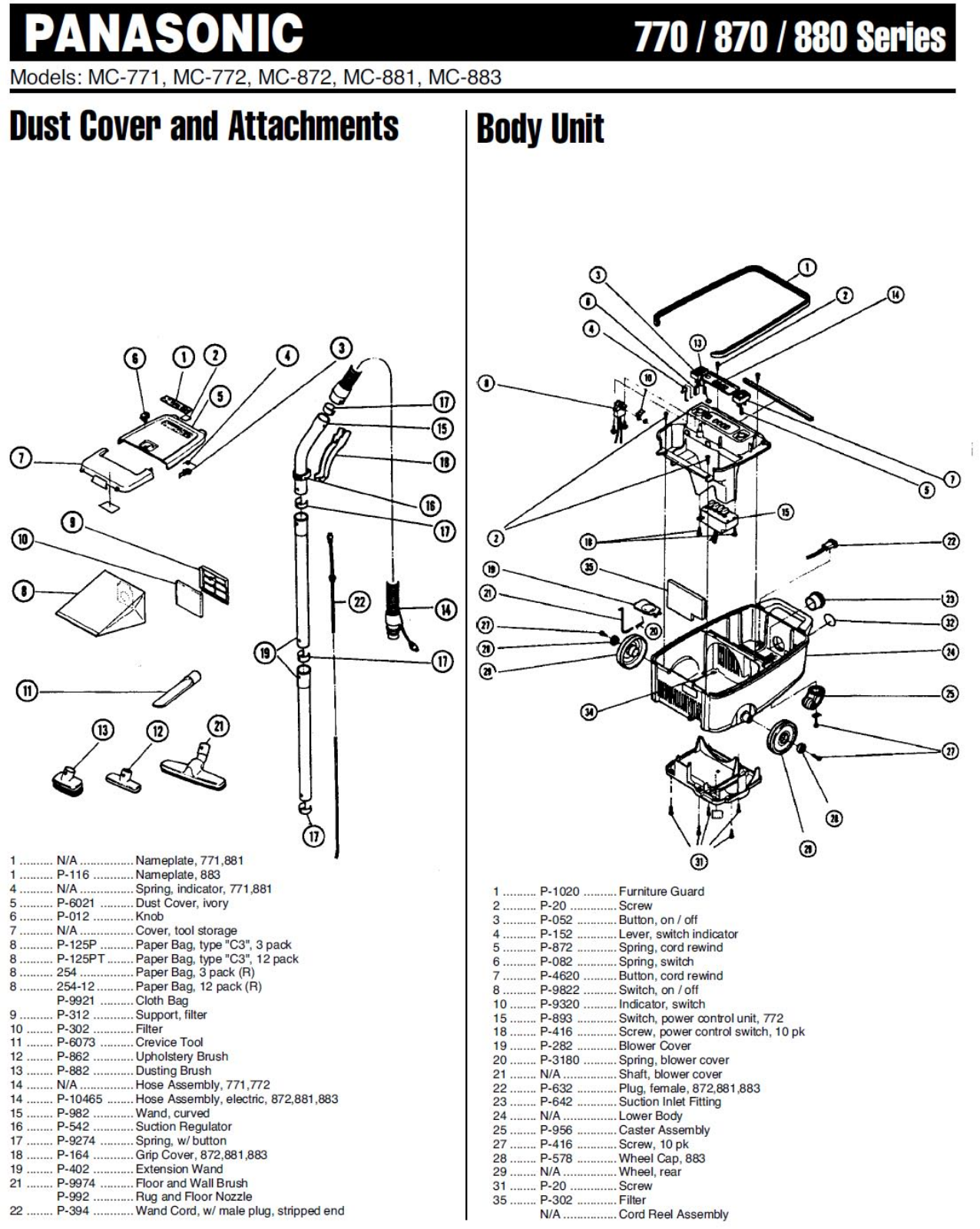 Panasonic Mc-771, Mc-872, Mc-881, Mc-772, Mc-883 Parts List