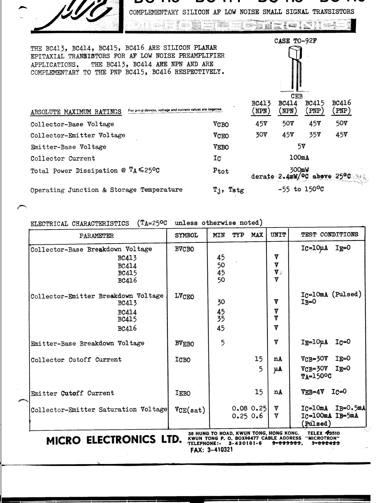 ME BC416, BC415, BC414, BC413 Datasheet