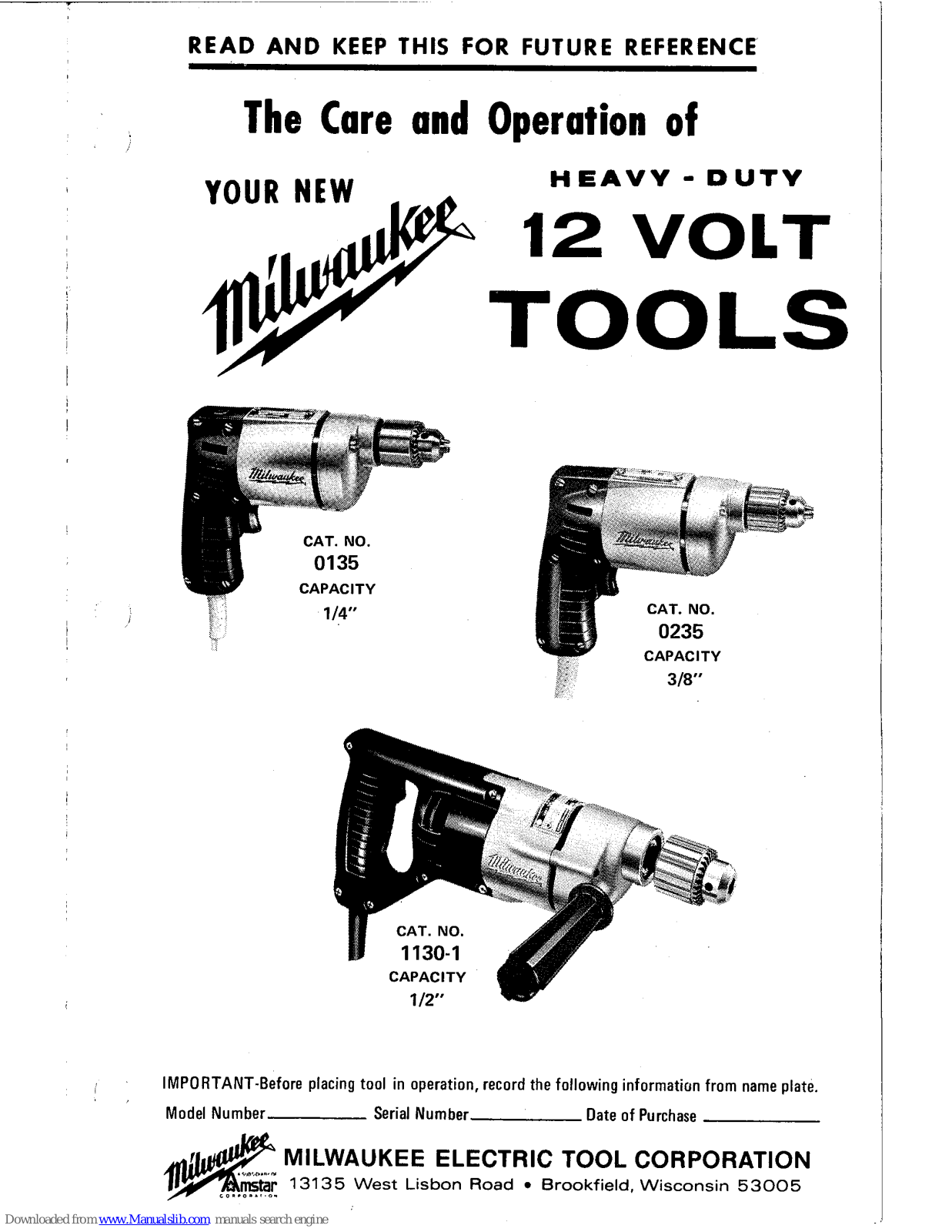 Milwaukee 135, 1130-1, 235 Operation Manual