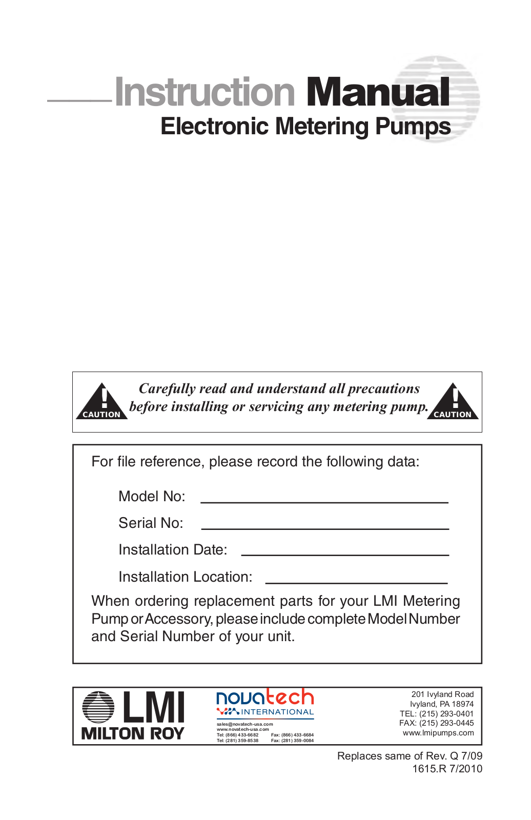 Nova-Tech LMI Series AA-B-C-E-J-P Metering Pumps User Manual