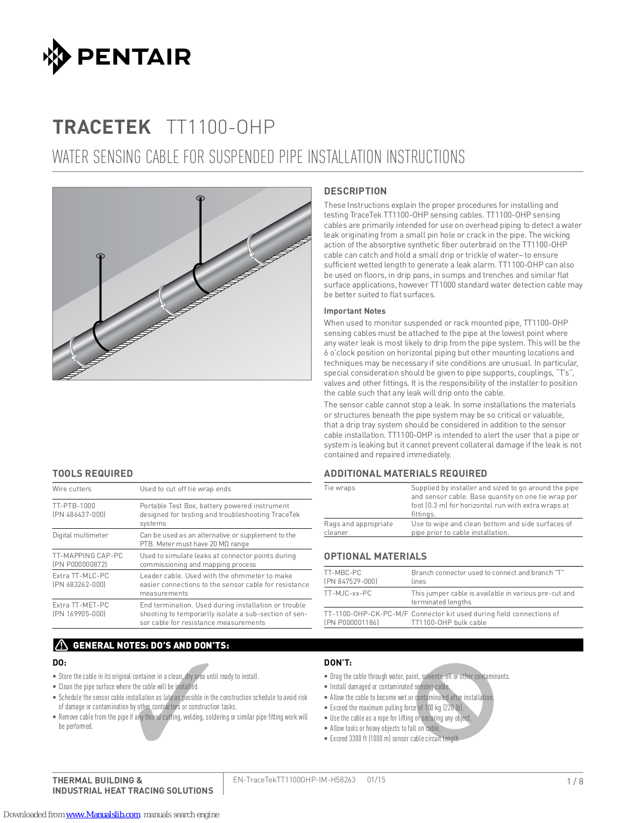 Pentair TraceTek TT1100-OHP Installation Instructions Manual