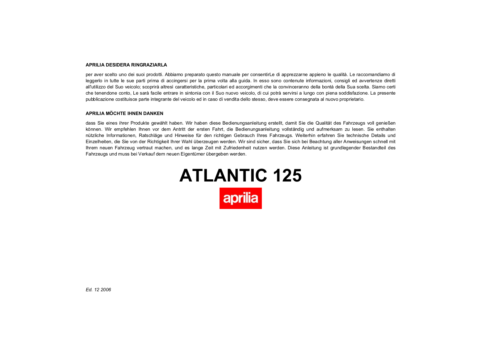 aprilia ATLANTIC 125 User Manual