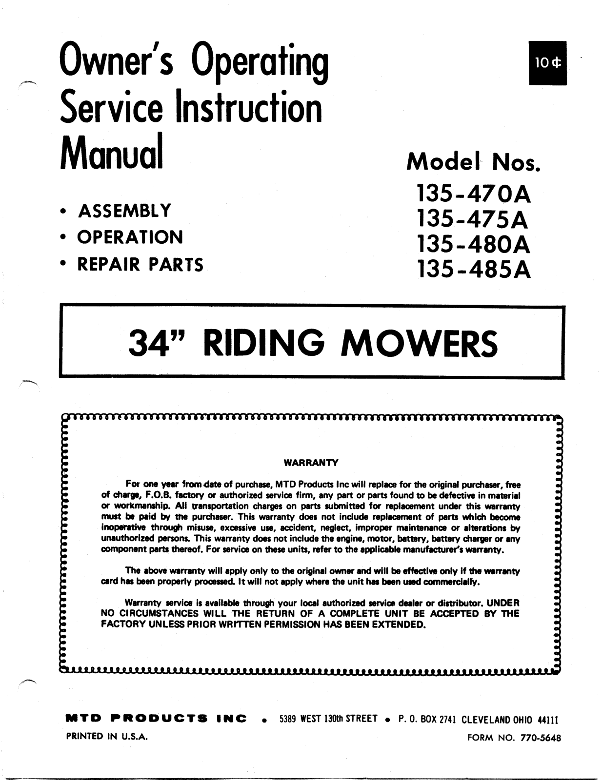MTD 135-470A, 135-480A, 135-485A, 135-475A User Manual