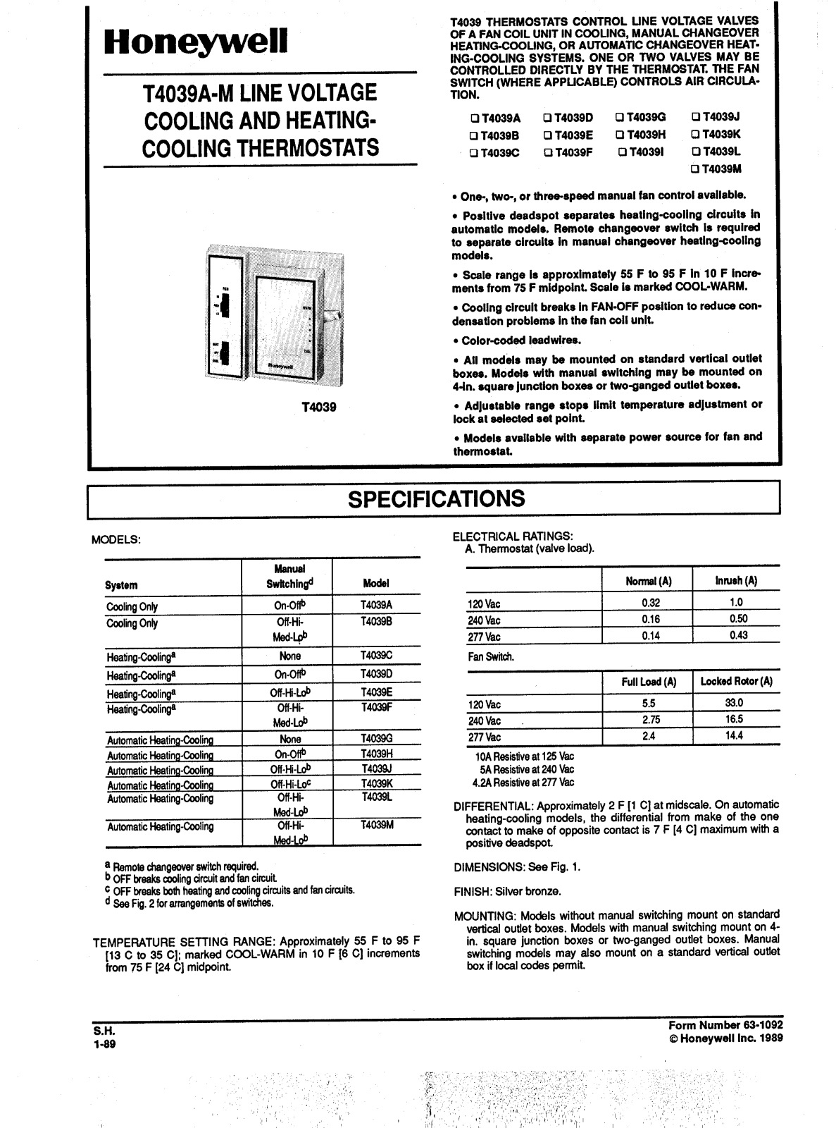 Honeywell T4039J, T4039I, T4039G, T4039H, T4039B User Manual