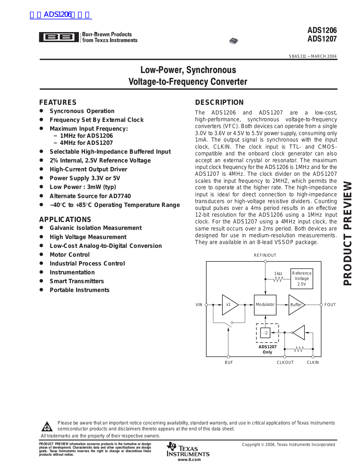 TEXAS INSTRUMENTS ADS1206, ADS1207 Technical data