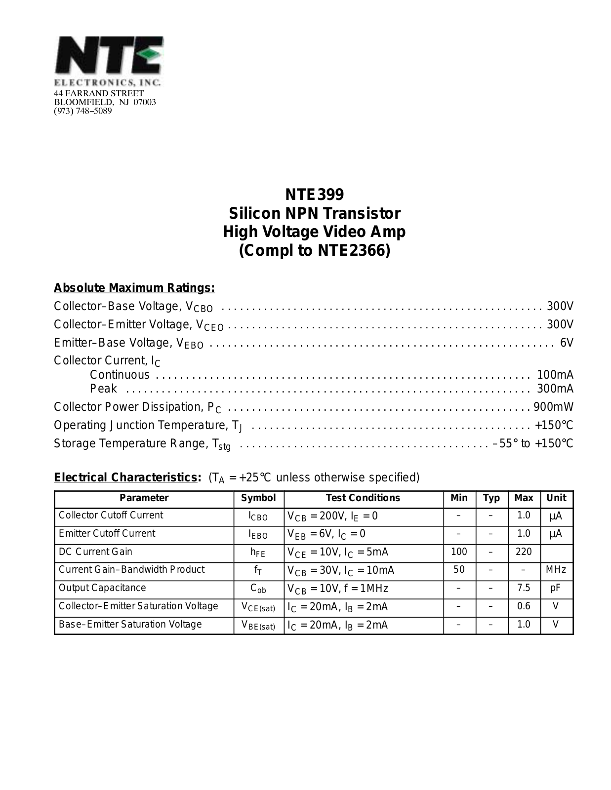 Datasheet NTE399 Datasheet (NTE) - ManualMachine.com